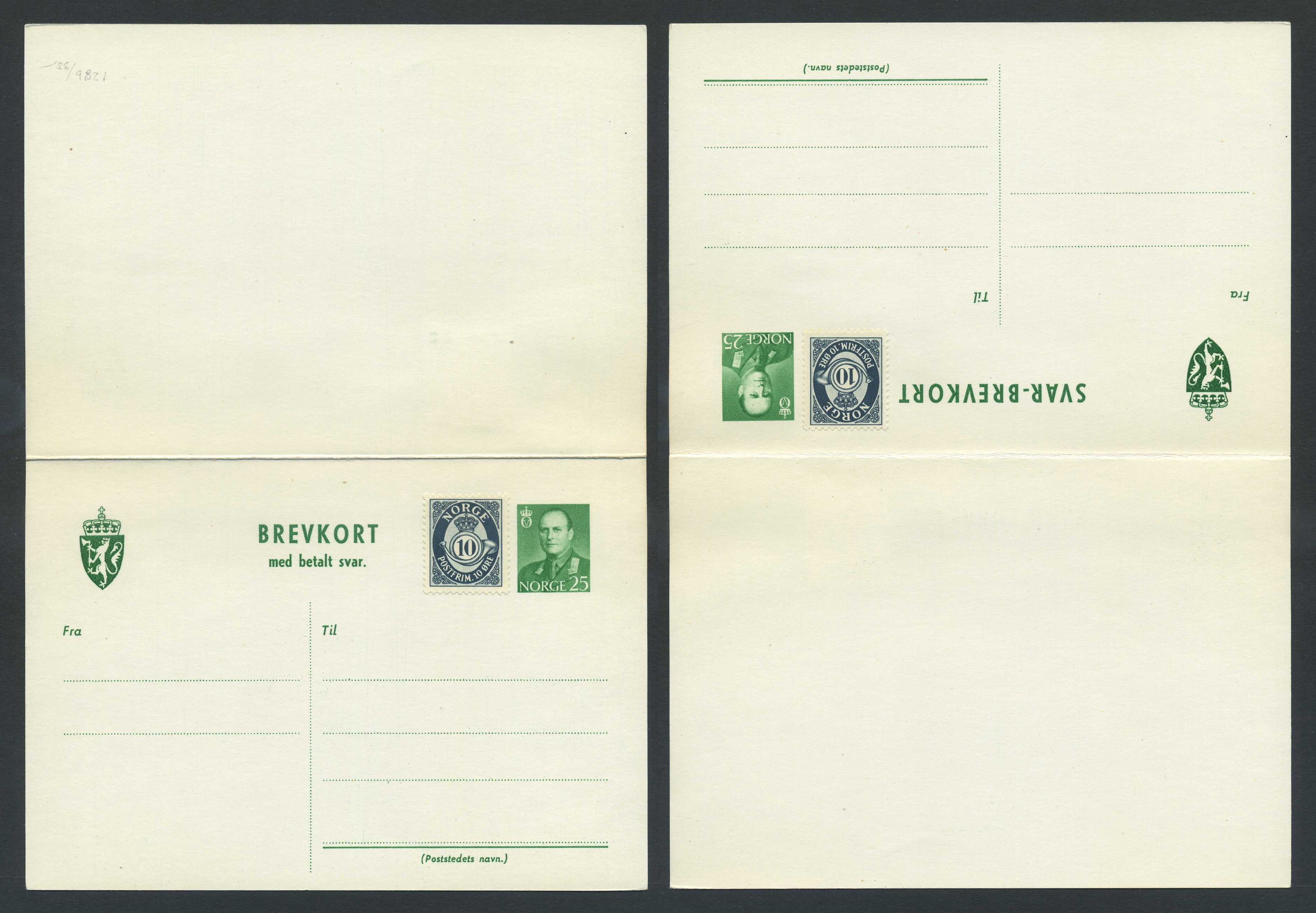 Norway stationaries: BK 128b o1. * 25+25 ø double card 1958, uprated to 35 øre