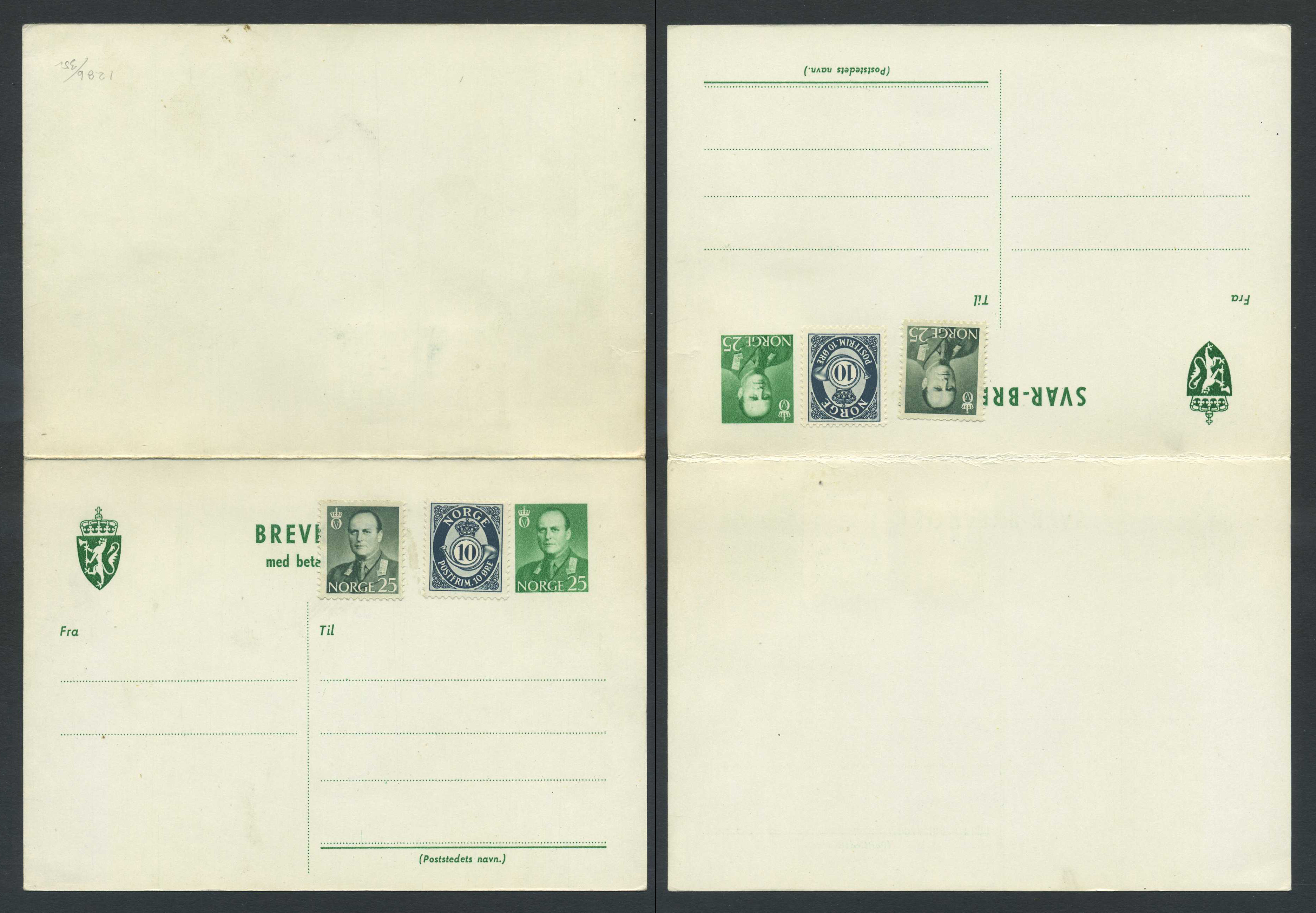 Norway stationaries: BK 128b o4. * 25+25 ø double card 1958, uprated to 60 øre