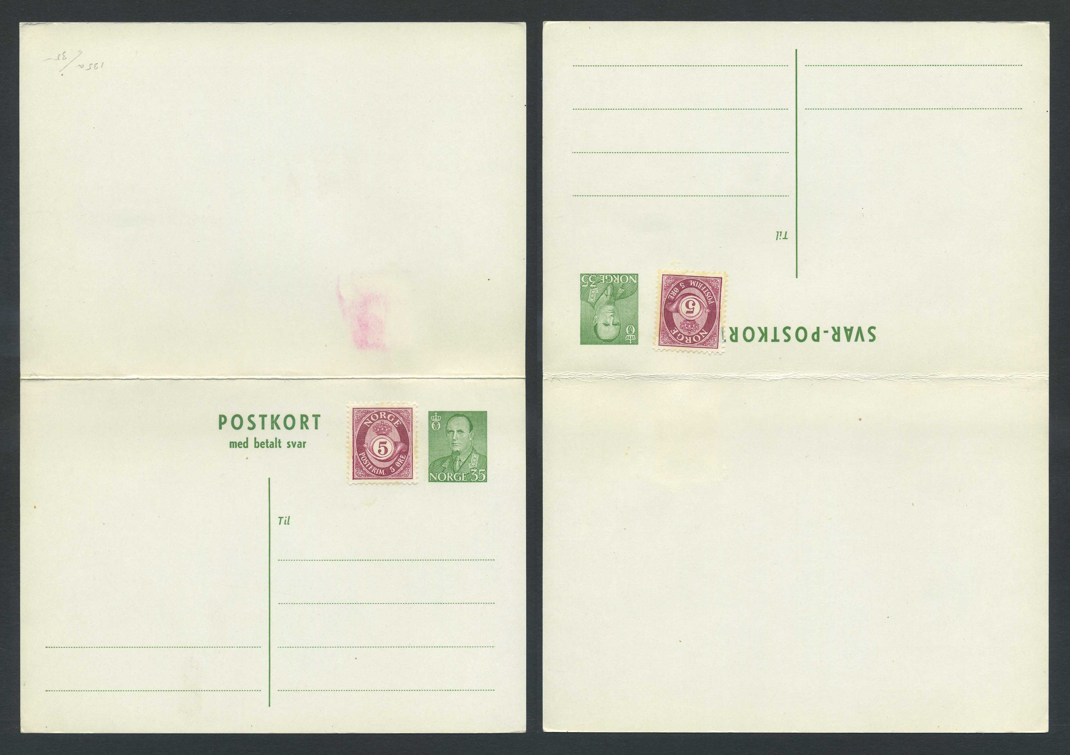 Norway stationaries: BK 135a o1. * 35+35 ø double card 1962, uprated to 40 øre