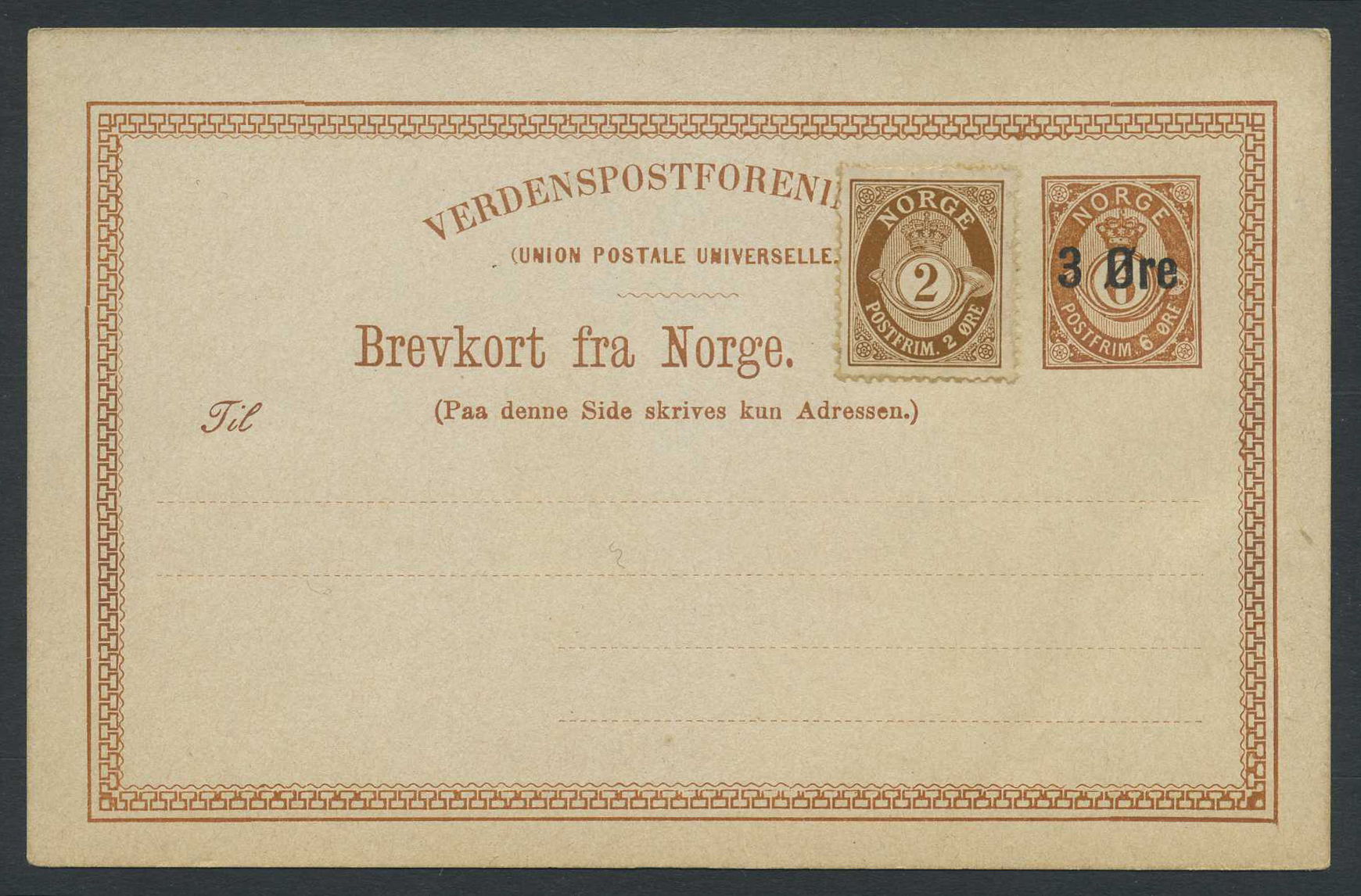 Norway stationaries: BK 032 I o1. * 3/6 ø single card 1888 uprated to 5 øre