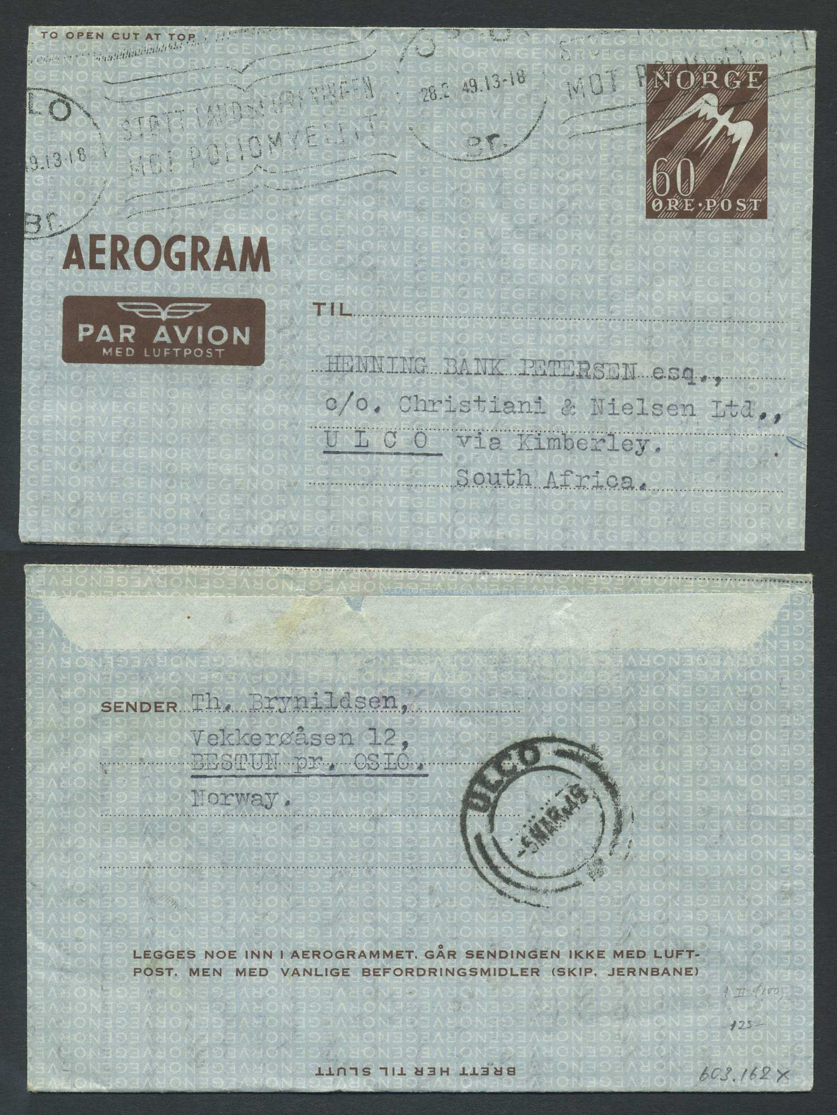 Norway stationaries: AE 001 II. OSLO/Br. 28.2.49 addressed to SOUTH AFRICA.