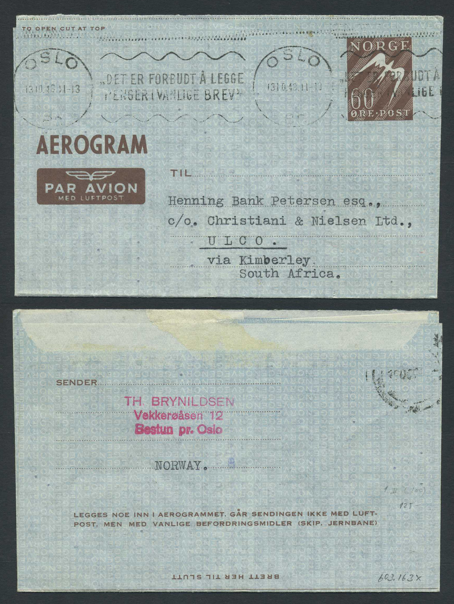 Norway stationaries: AE 001 II. OSLO/Br. 13.10.48 addressed to SOUTH AFRICA.