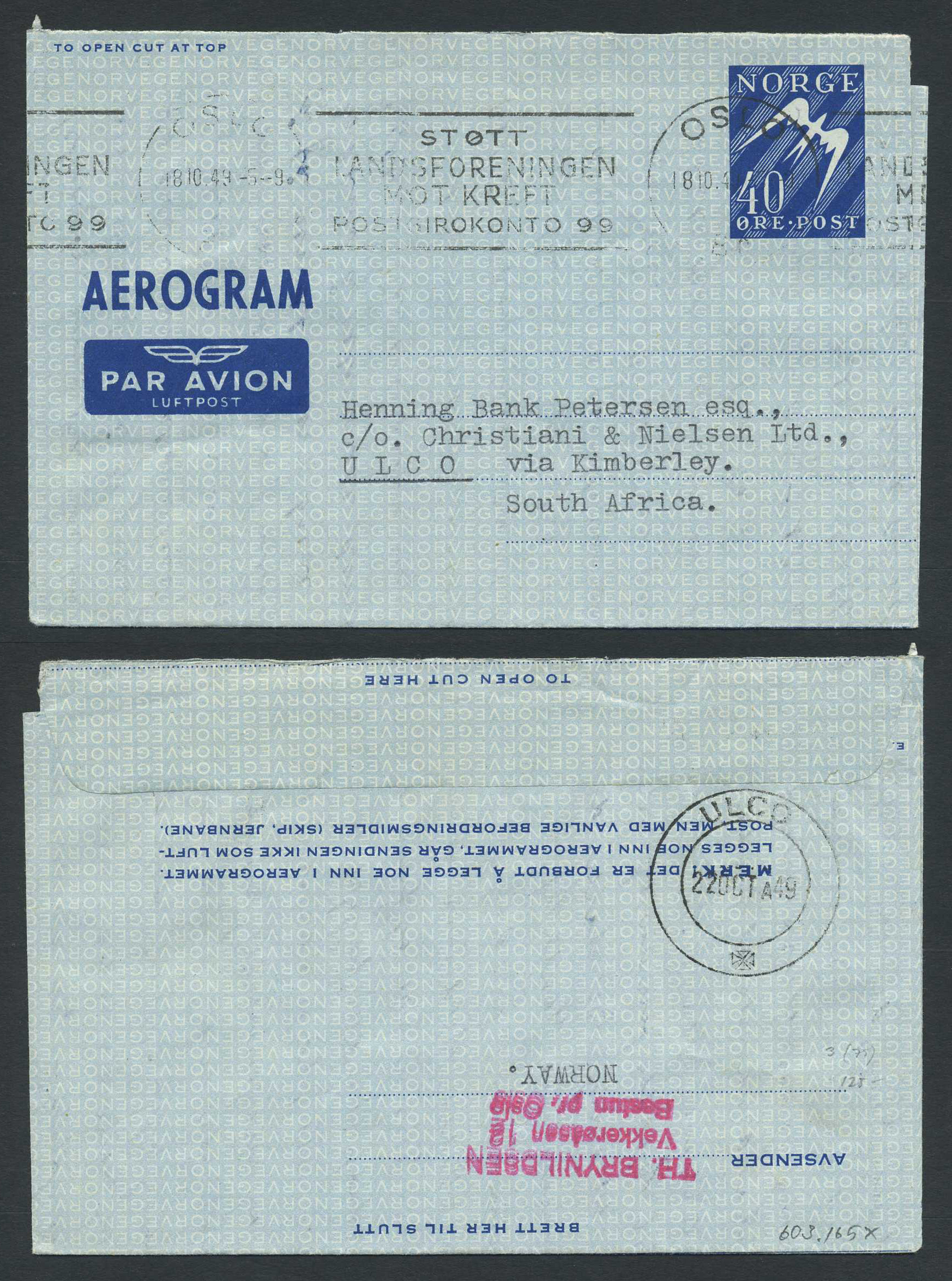 Norway stationaries: AE 003. OSLO 18.10.49 to SOUTH AFRICA. 40 øre aerogram.