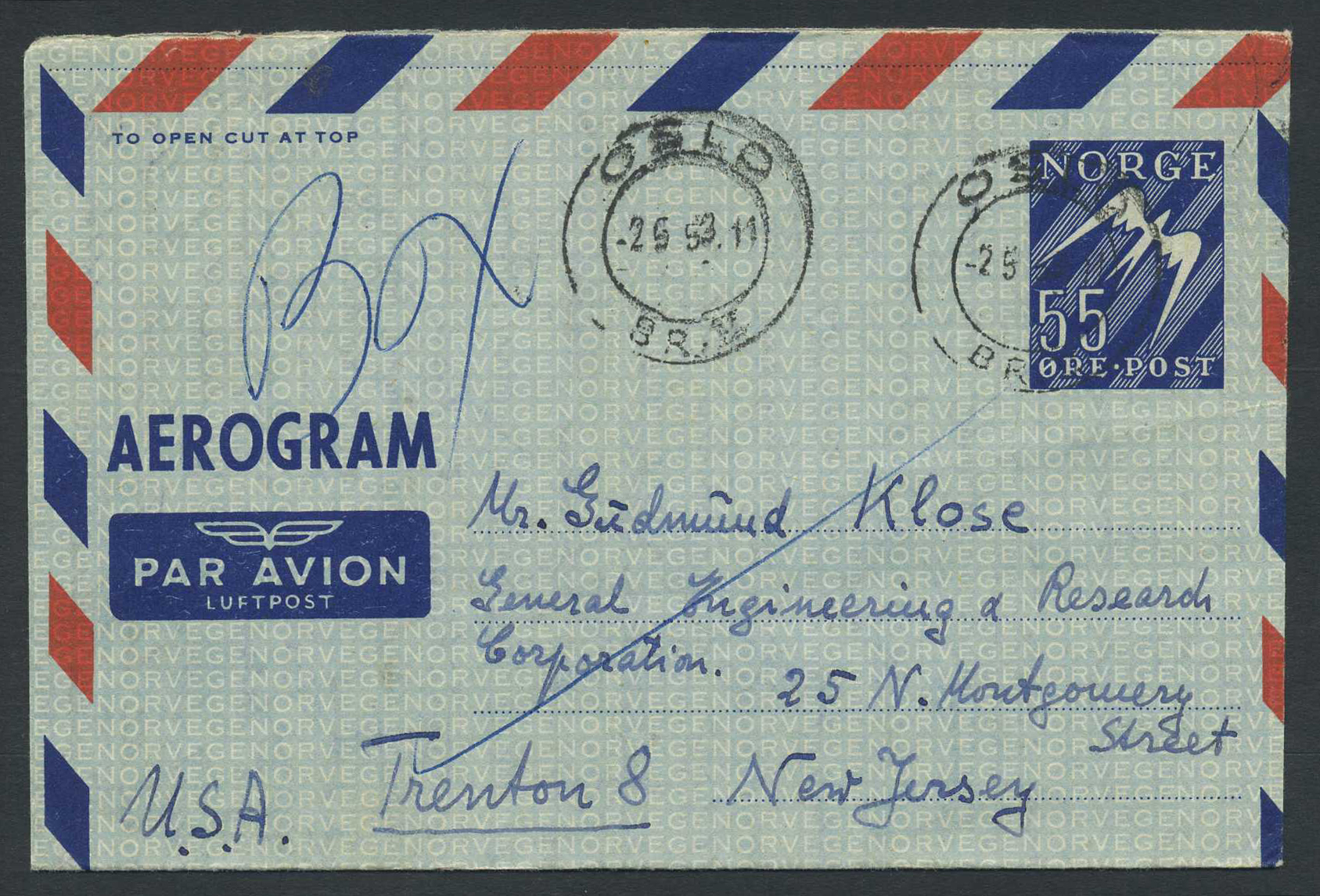 Norway stationaries: AE 007. OSLO/BR.V. 2.9.53 to USA.  55 øre aerogram addr.