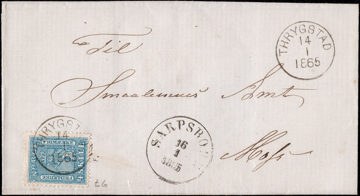 Norway covers: NK 0008 IIa t.6. THRYGSTAD 14.1.1865.
