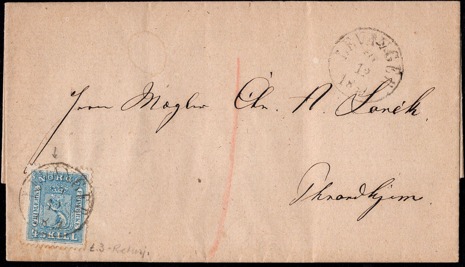 Norway covers: NK 0008 Ia t.3. LEVANGER 20.12.1869.