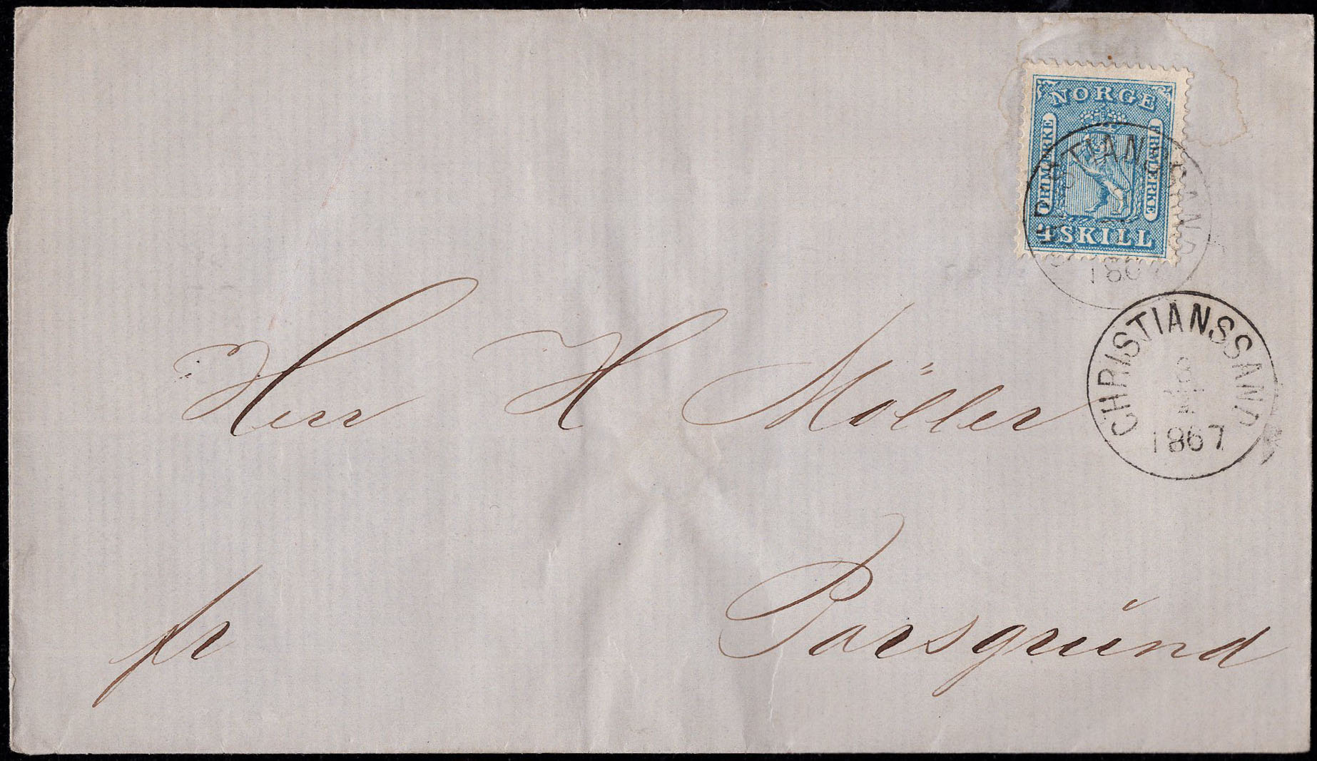 Norway covers: NK 0008 IIa t.8. CHRISTIANSSAND 3.4.1867.