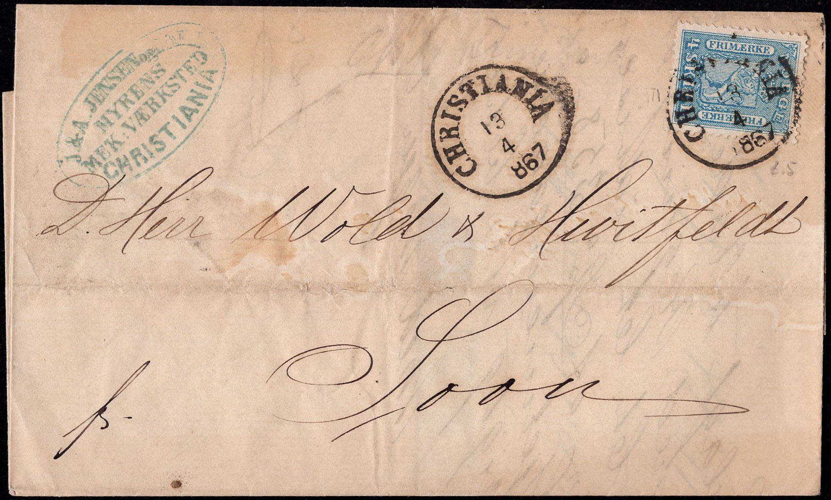 Norway covers: NK 0008 IIa t.5. CHRISTIANIA 13.4.1867.
