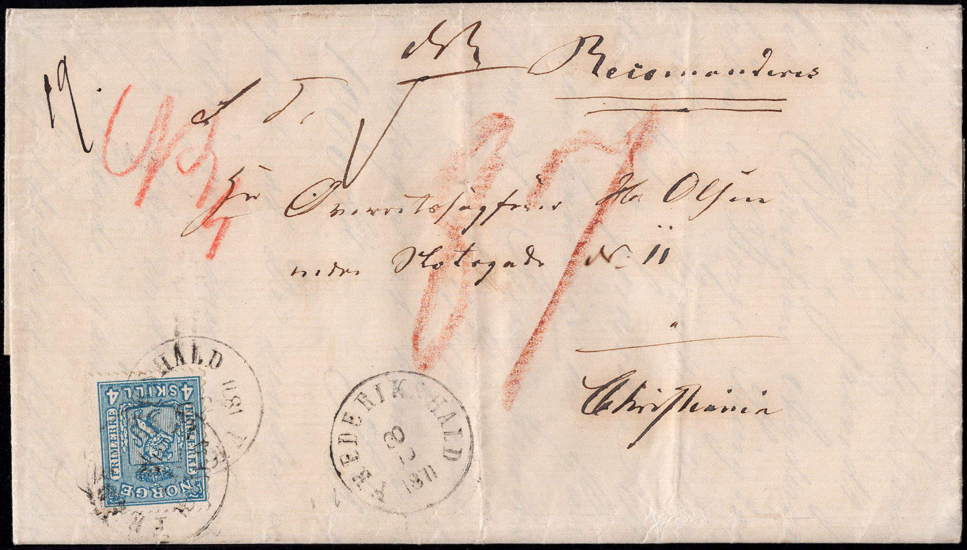 Norway covers: NK 0014y. FREDERIKSHALD 30.10.1871.