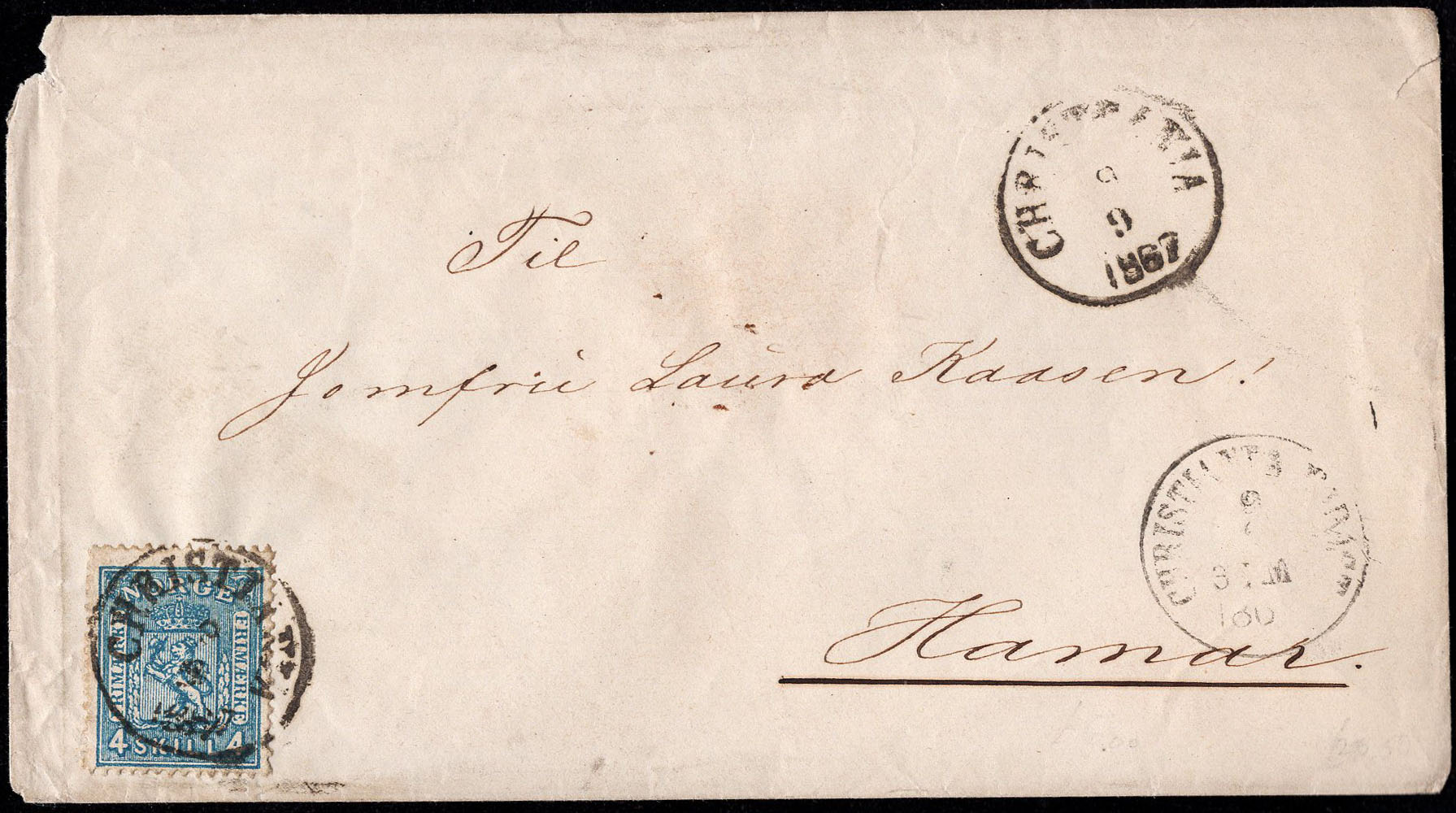 Norway covers: NK 0014x. CHRISTIANIA 9.9.1867.