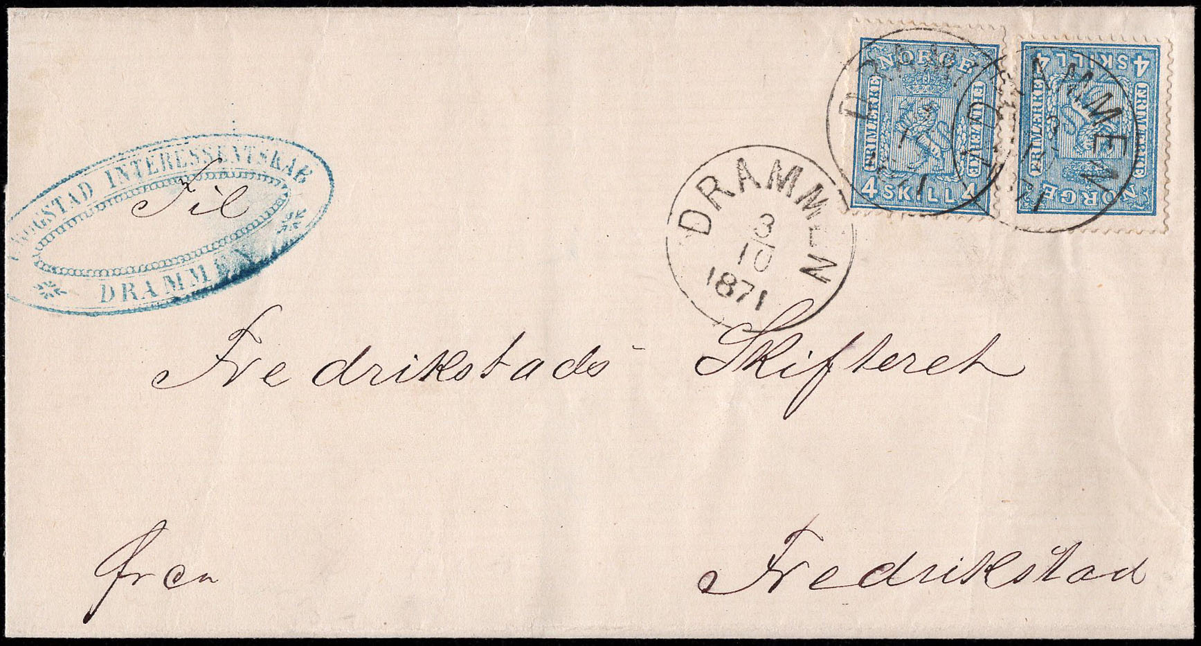 Norway covers: NK 0014x(2). DRAMMEN 3.10.1871. Double weight cover