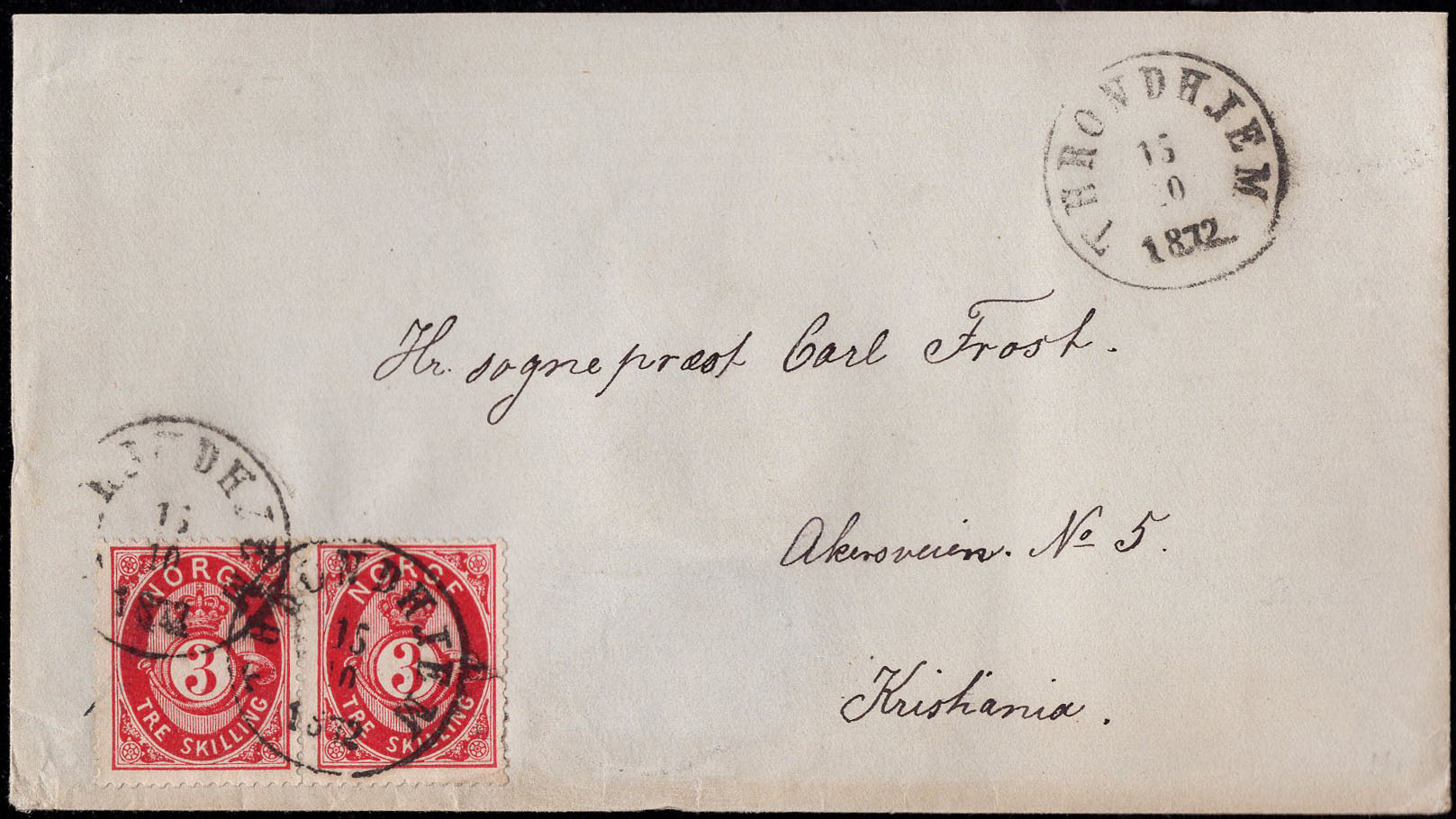 Norway covers: NK 0018bX(2). TRONDHJEM 15.10.1872.