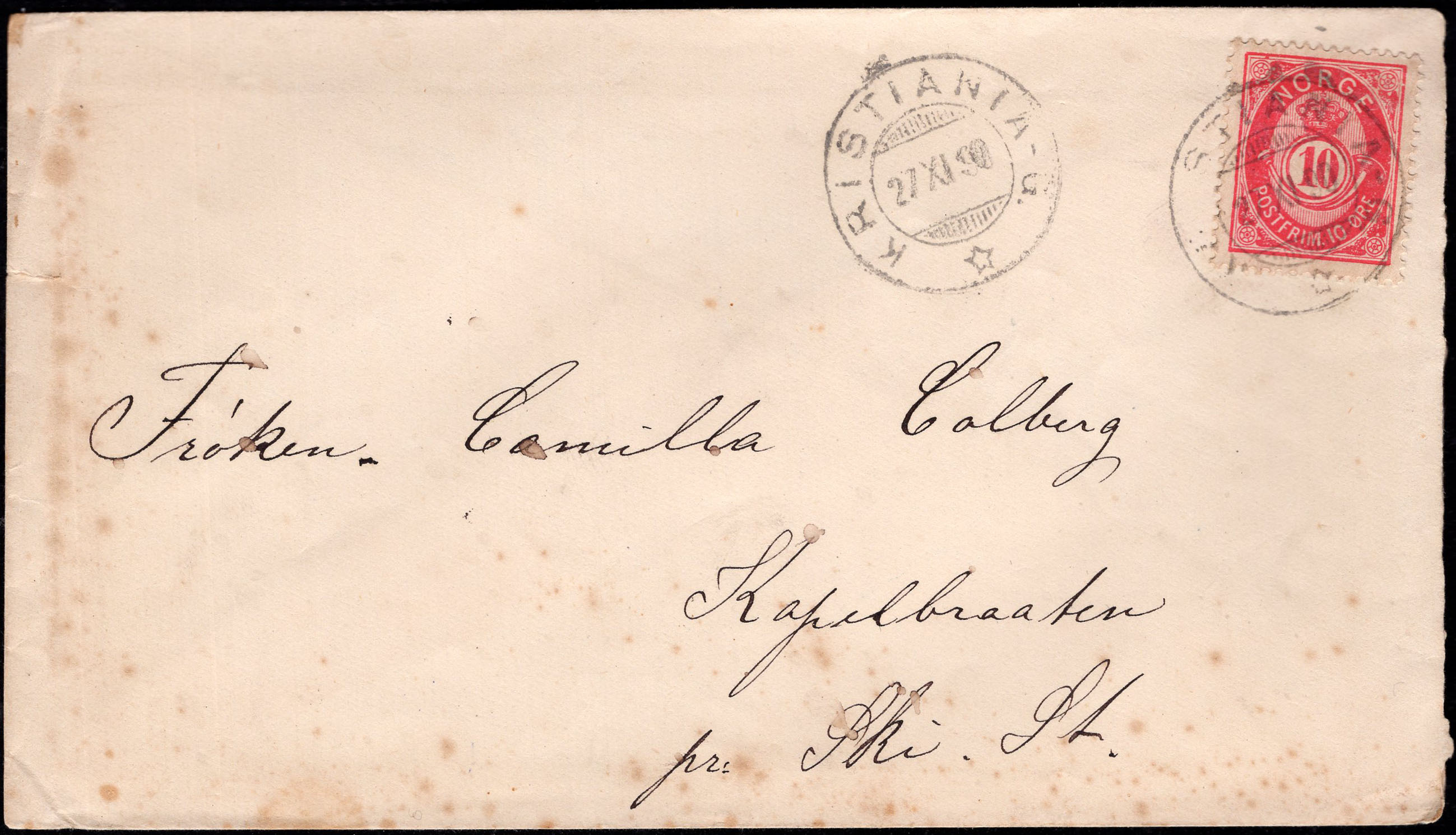 Norway covers: NK 0053 IV. KRISTIANIA-G. 27 XI 90. Envelope