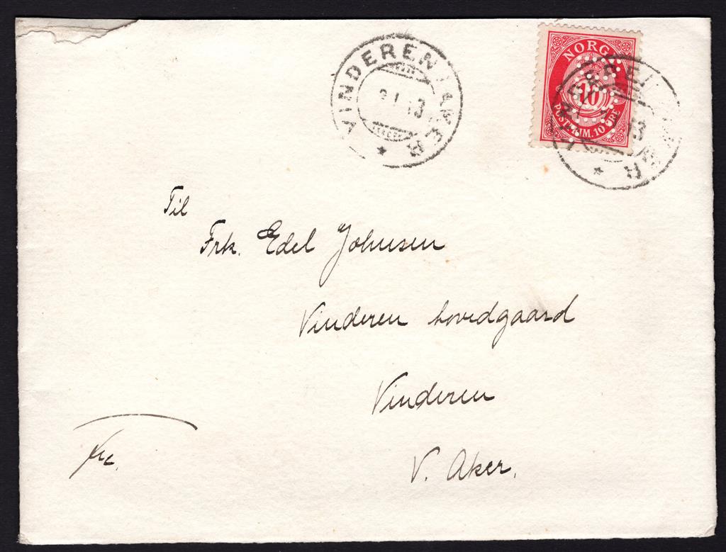 D. O.C. (st.8). VINDEREN I AKER 3 I 13. 10 øre posthorn (nk 100)