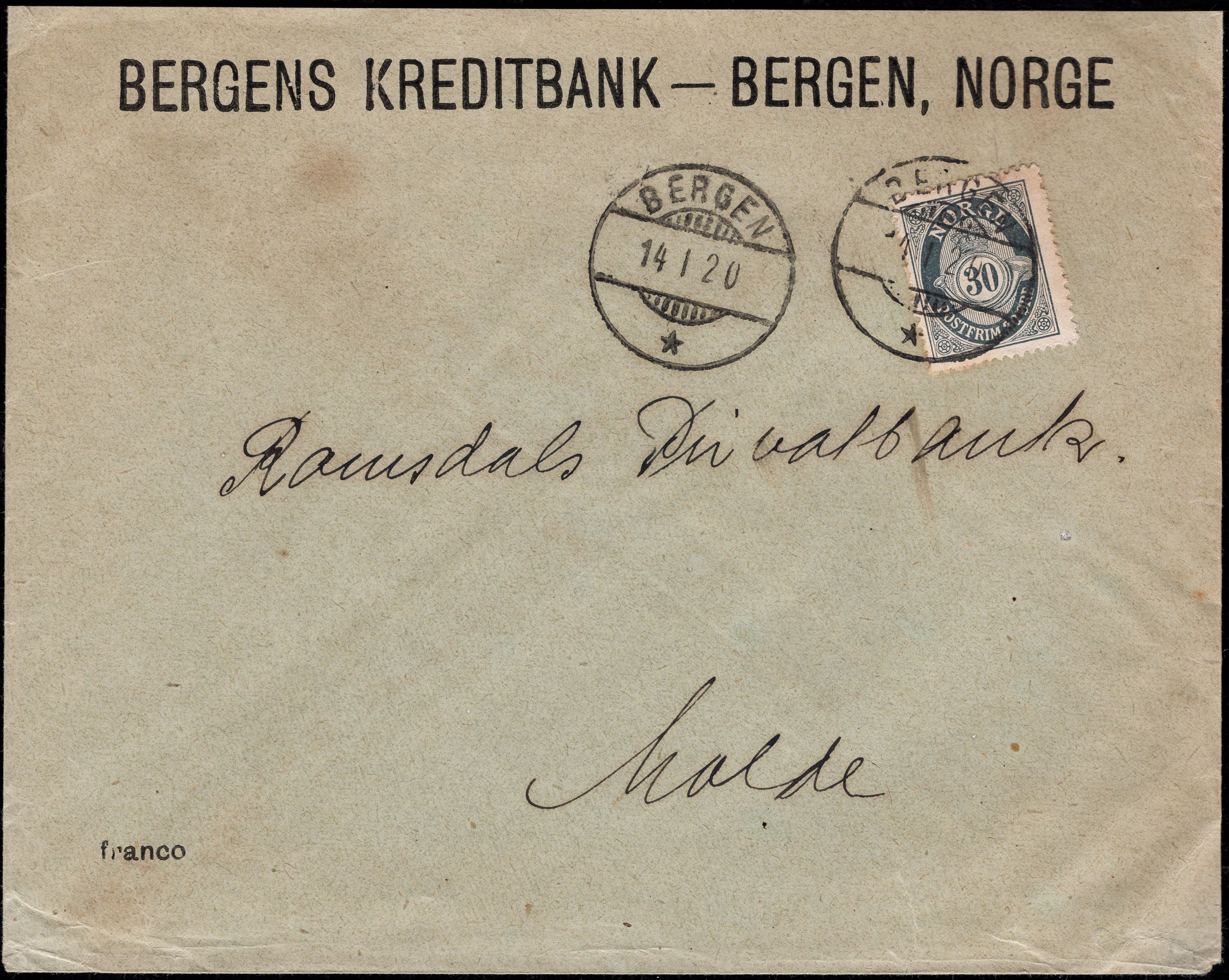Norway covers: NK 0105. BERGEN 14 I 20 (SL-bridge). 30 øre postage