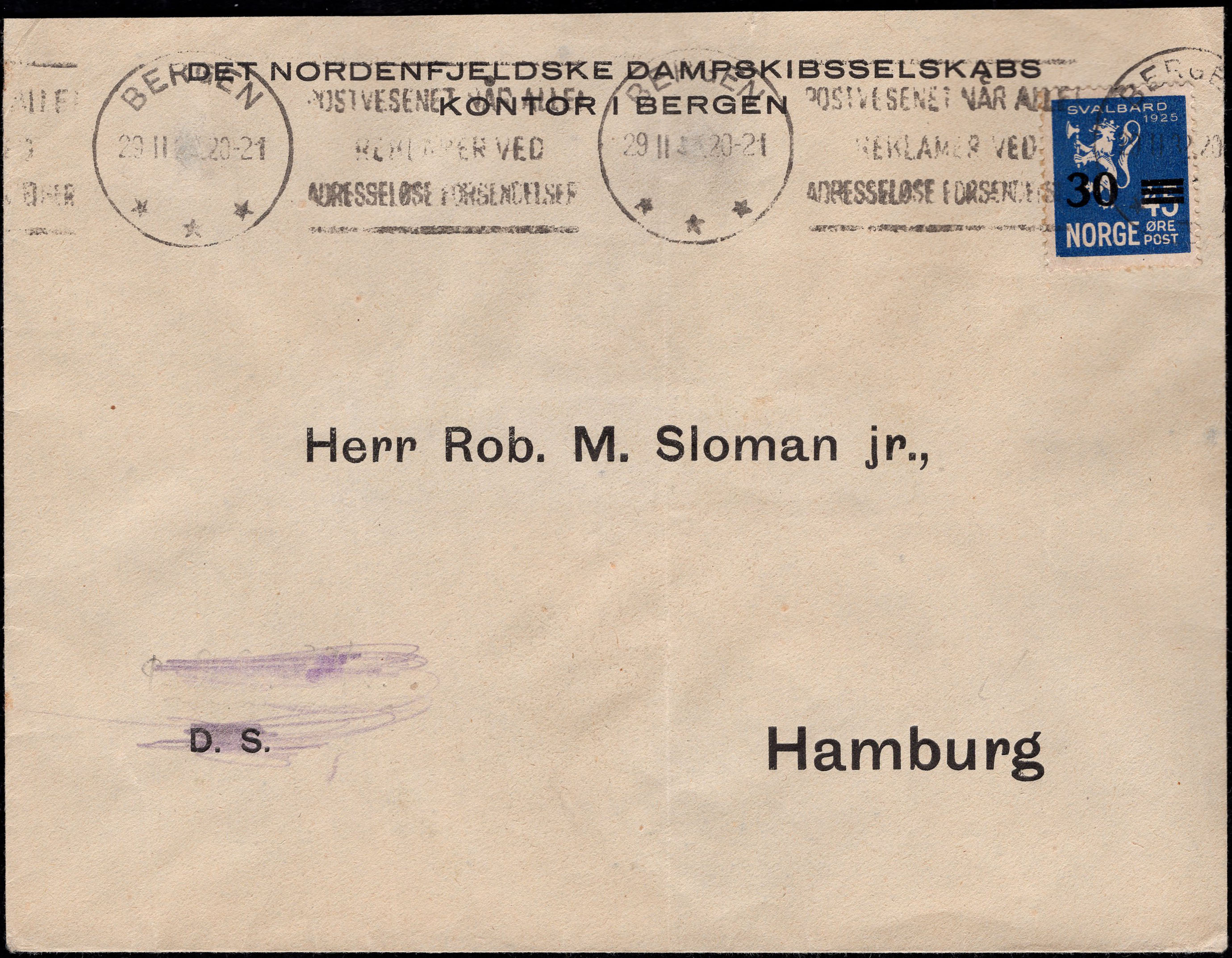Norway covers: NK 0158. BERGEN 29 II 32 + slogan