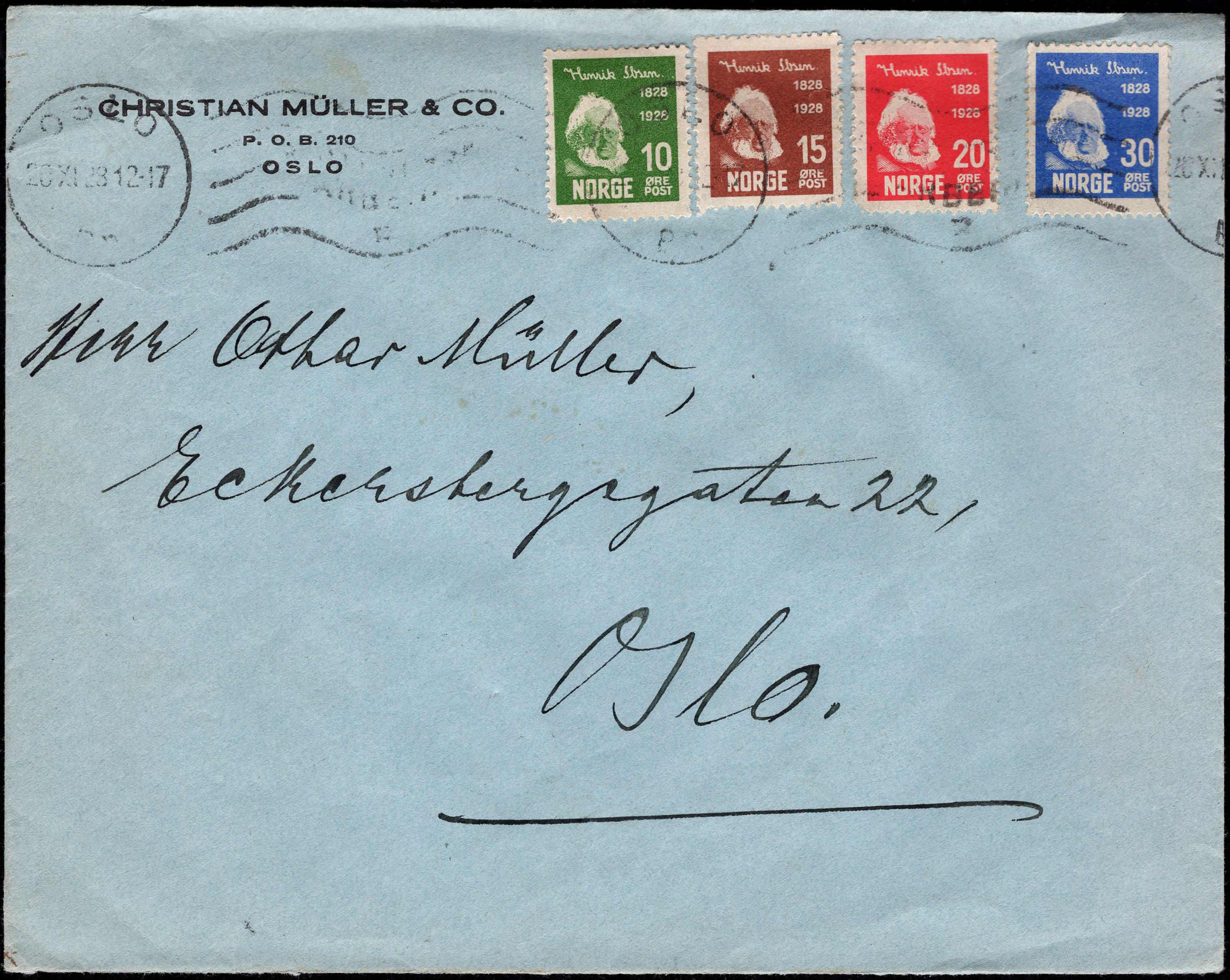 Norway covers: NK 0159-62. OSLO 20 XI 28 + slogan