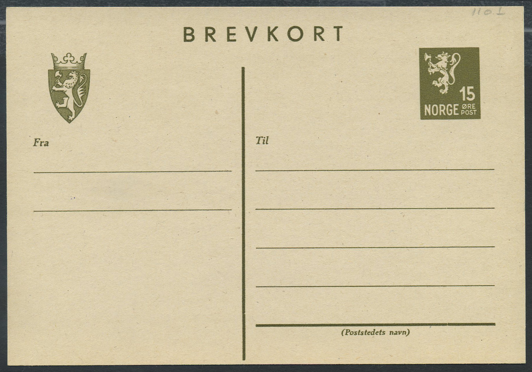 Norway stationaries: BK 110 I. * 15 ø single card 1944. Unused. Vf.