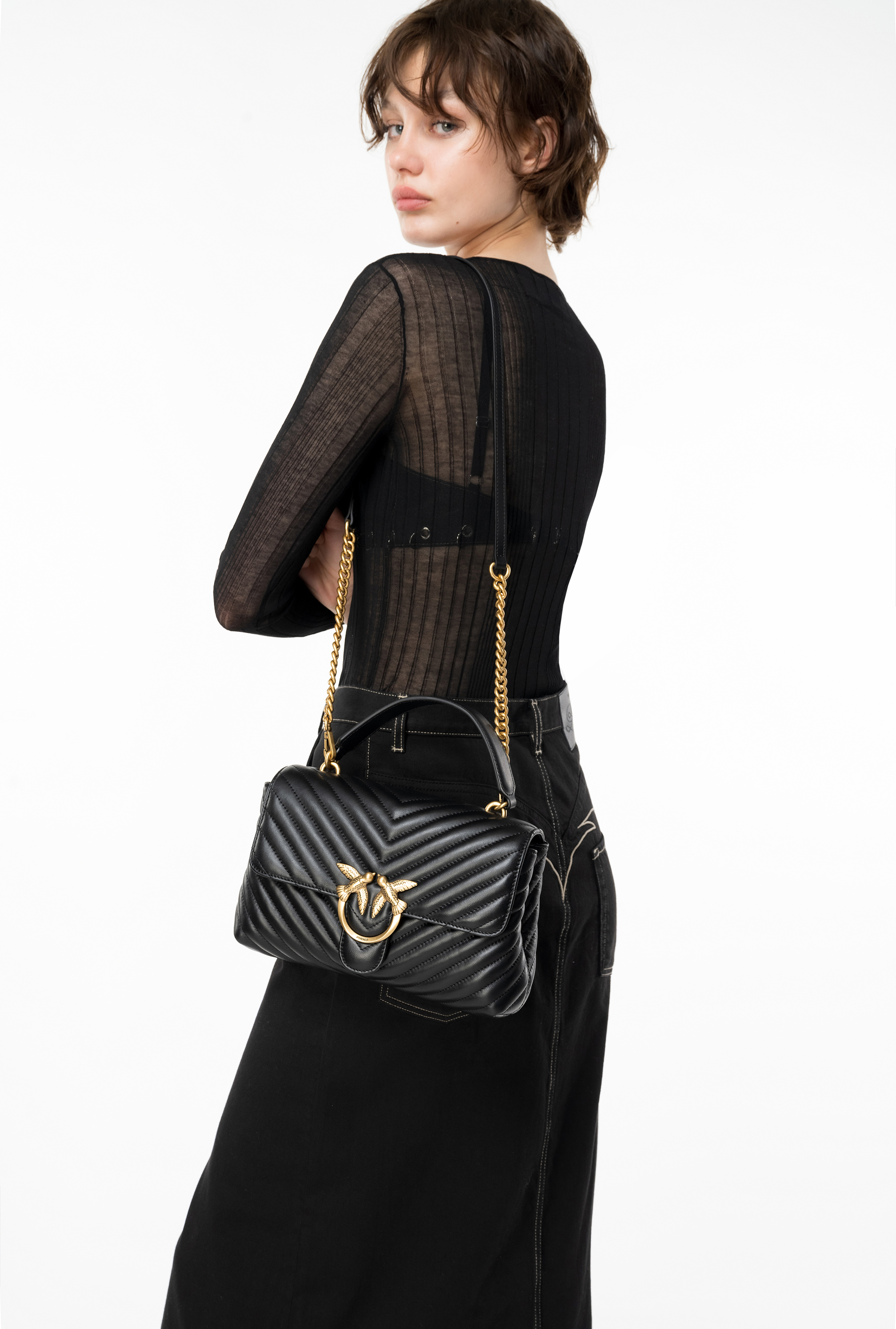 Shop Pinko Classic Lady Love Bag Puff Chevron In Black-antique Gold