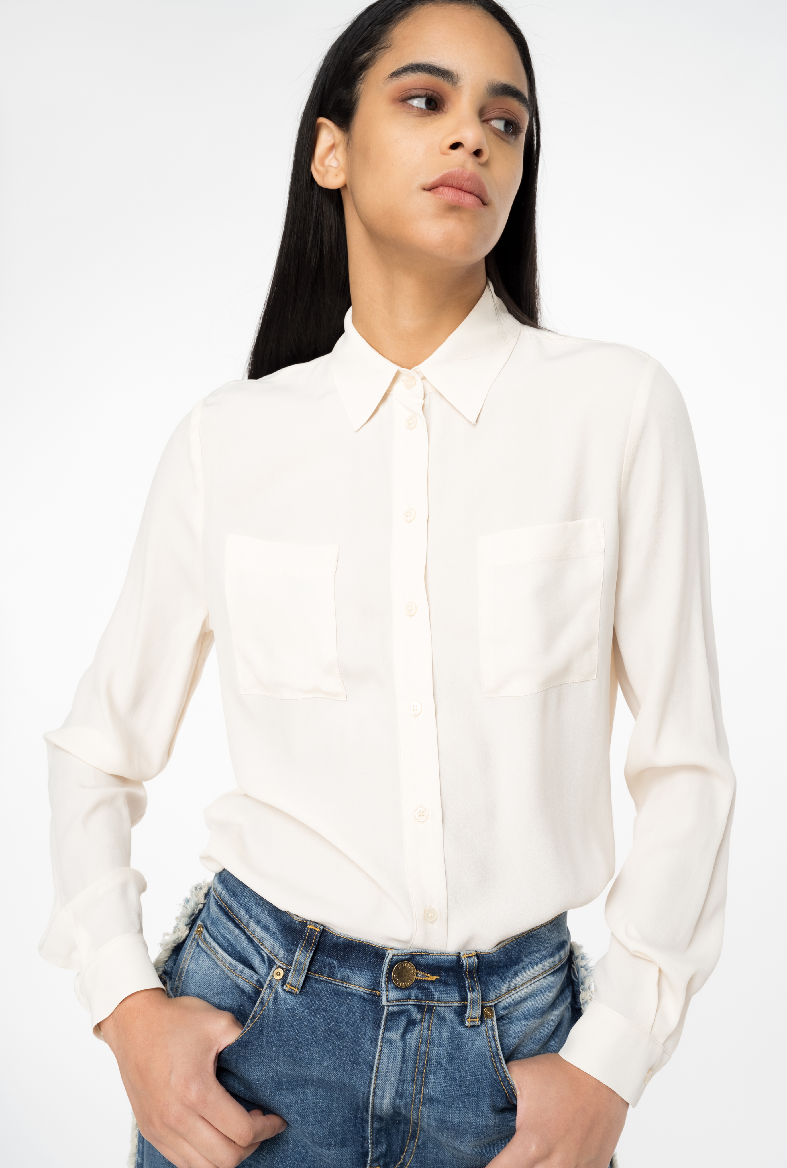 Shop Pinko Silk-blend Shirt With Breast Pocket In  Rose Fumé Blanc