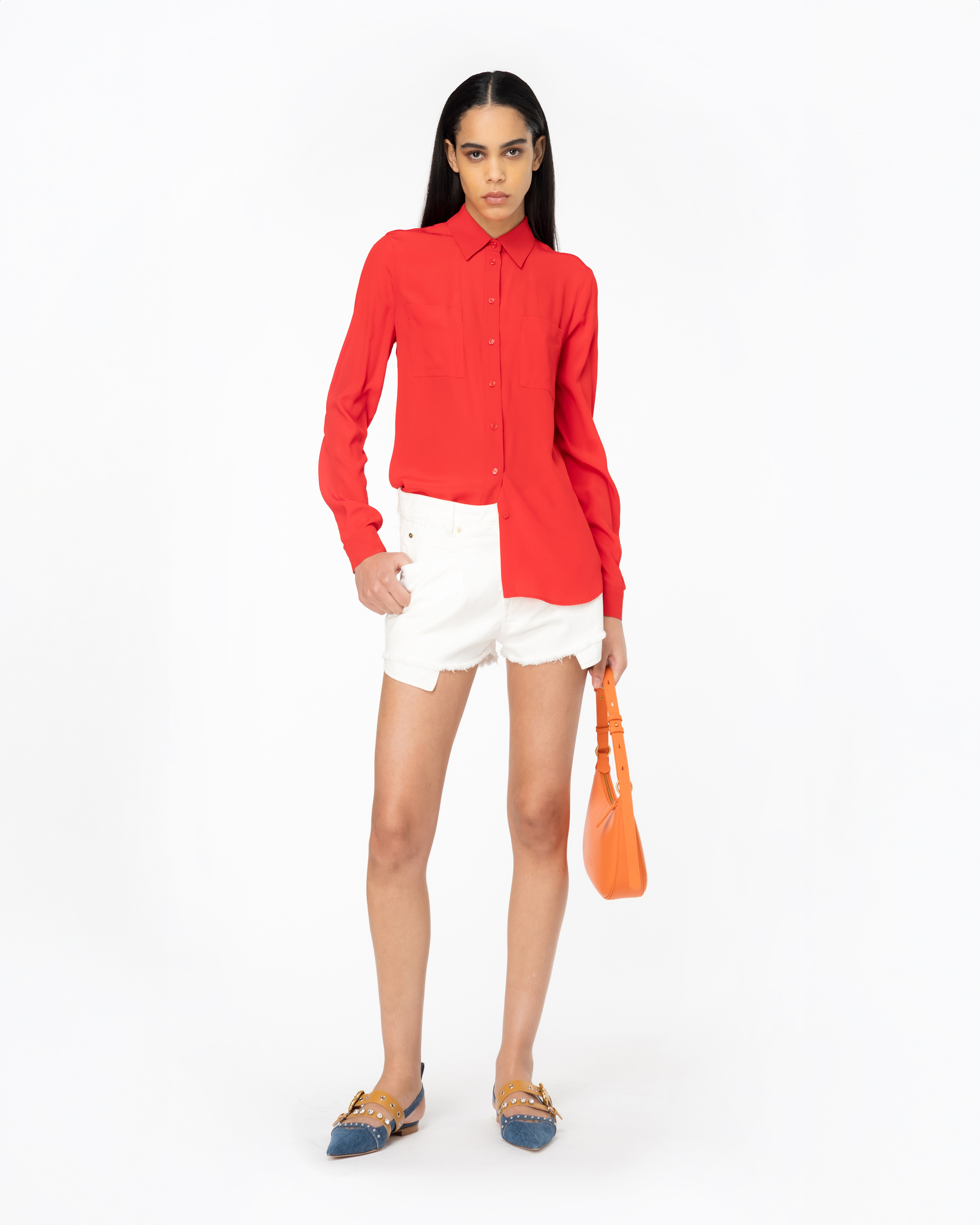 Shop Pinko Silk-blend Shirt With Breast Pocket In Formula1 Red