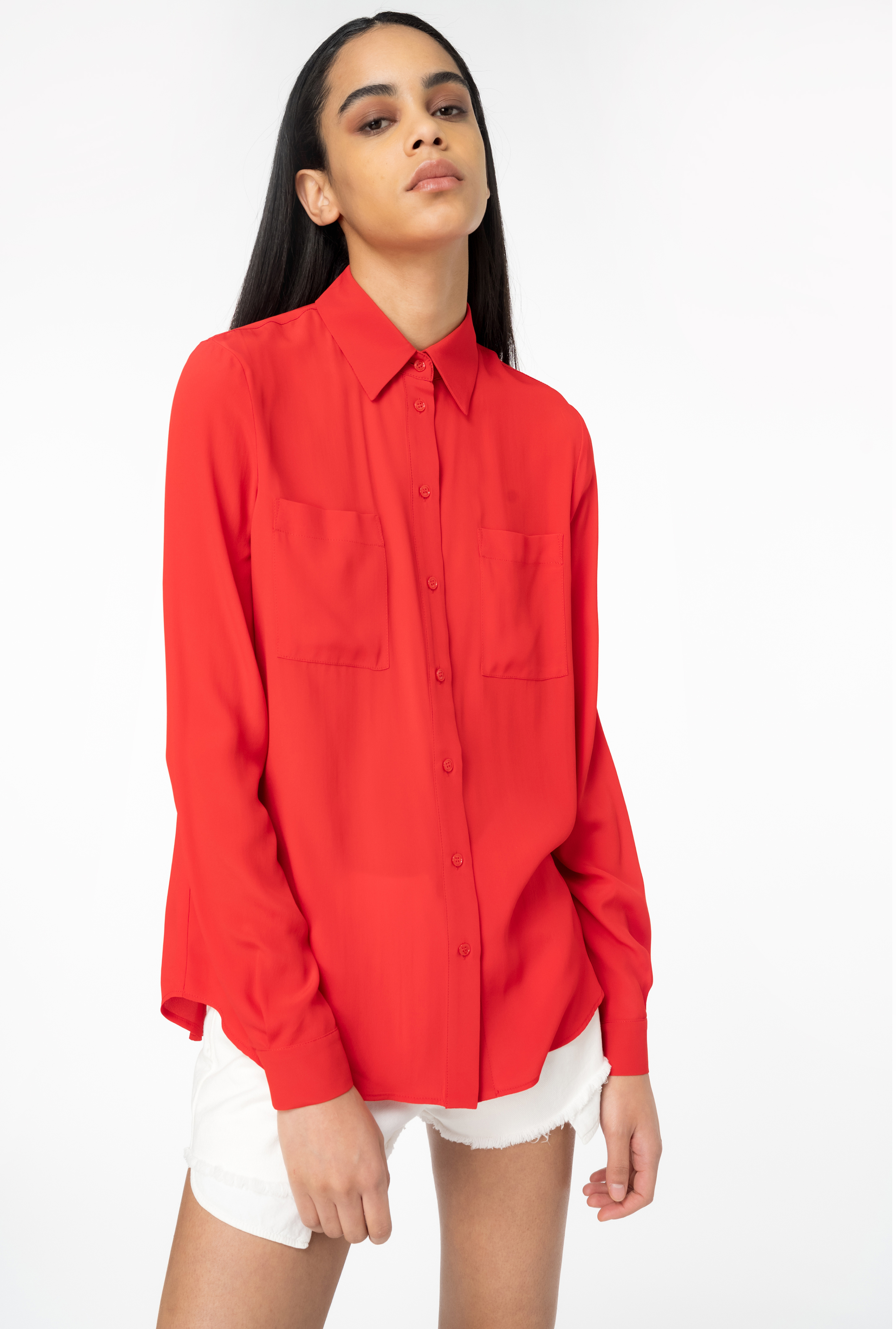 Shop Pinko Silk-blend Shirt With Breast Pocket In Formula1 Red