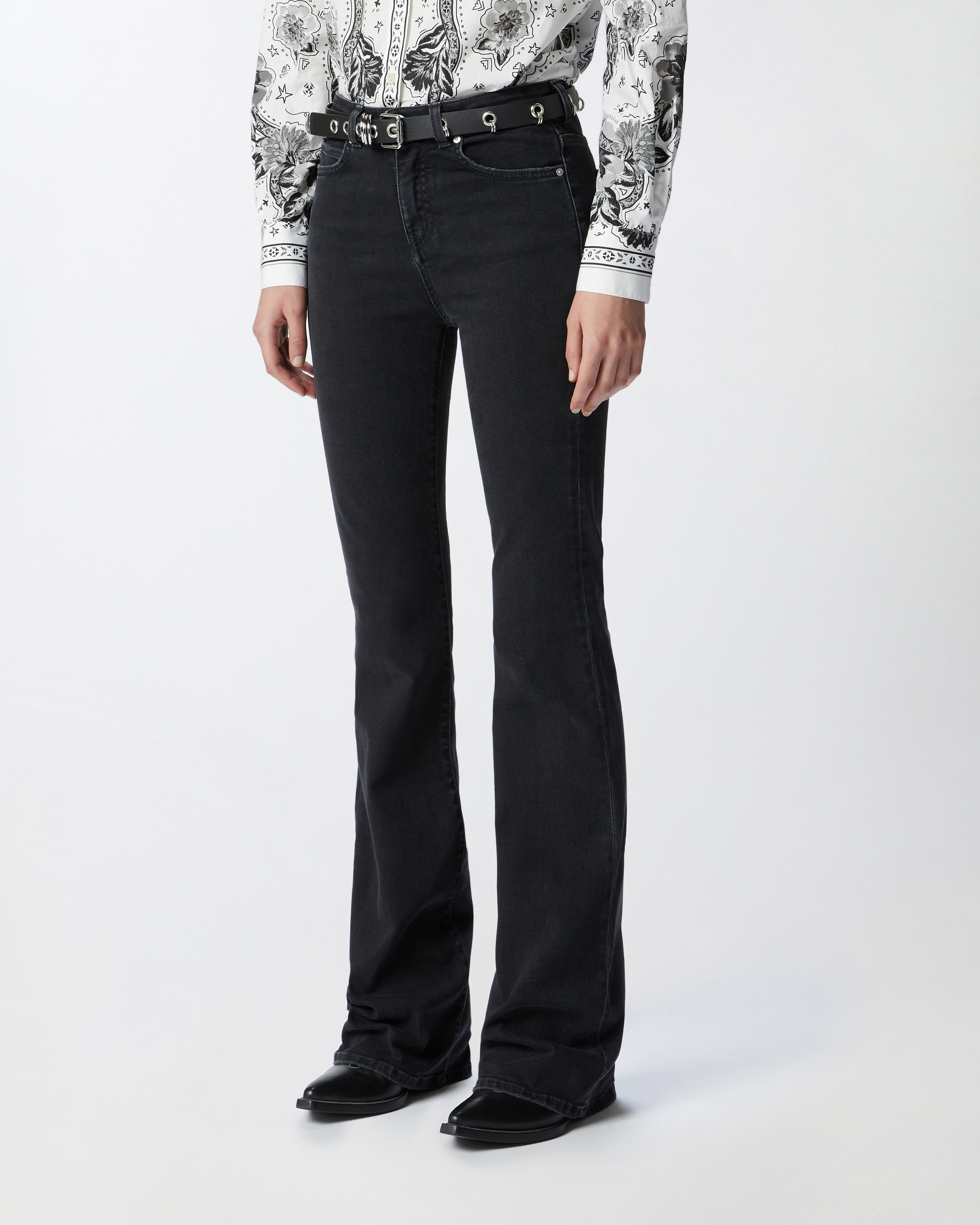 Black denim flared jeans with Love Birds belt 1