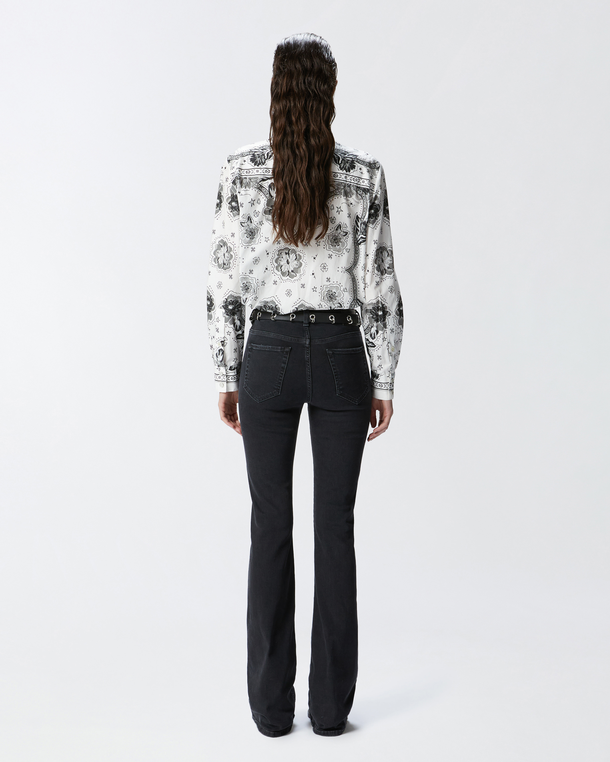 Black denim flared jeans with Love Birds belt 2