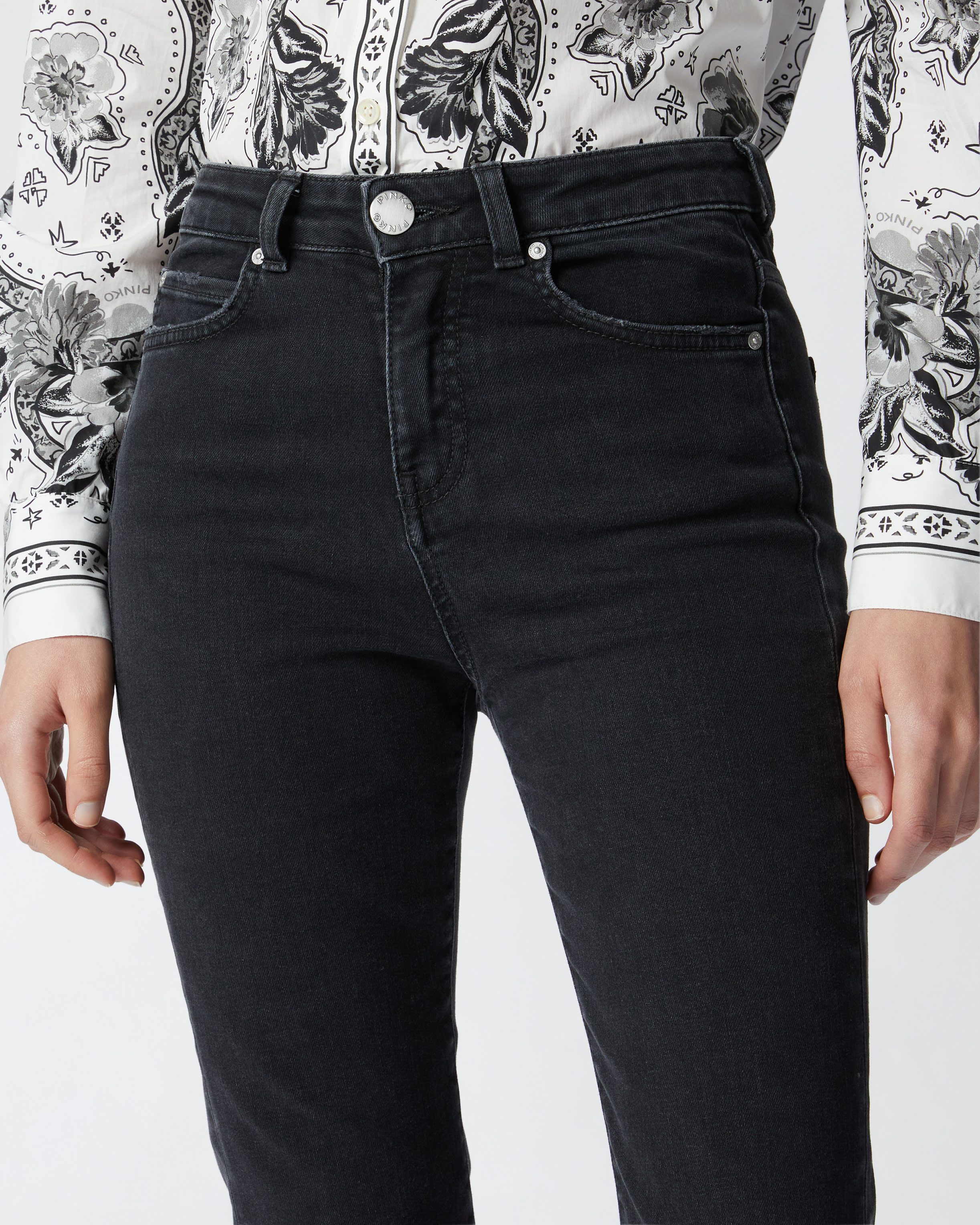 Black denim flared jeans with Love Birds belt 3