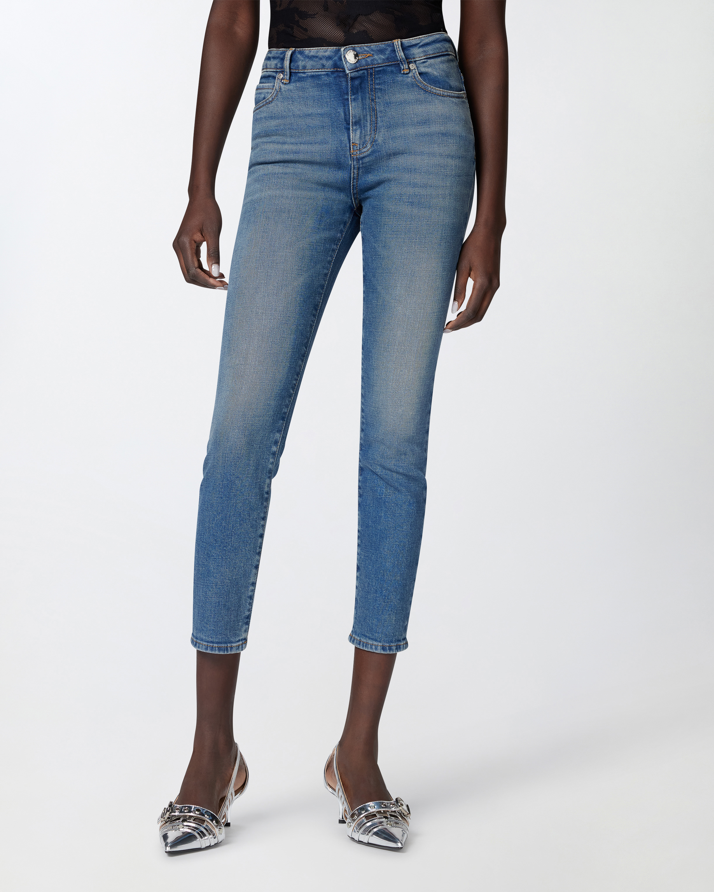 Pinko Skinny Ankle-length Jeans With Rhinestone Embroidery In Lavaggio Medio