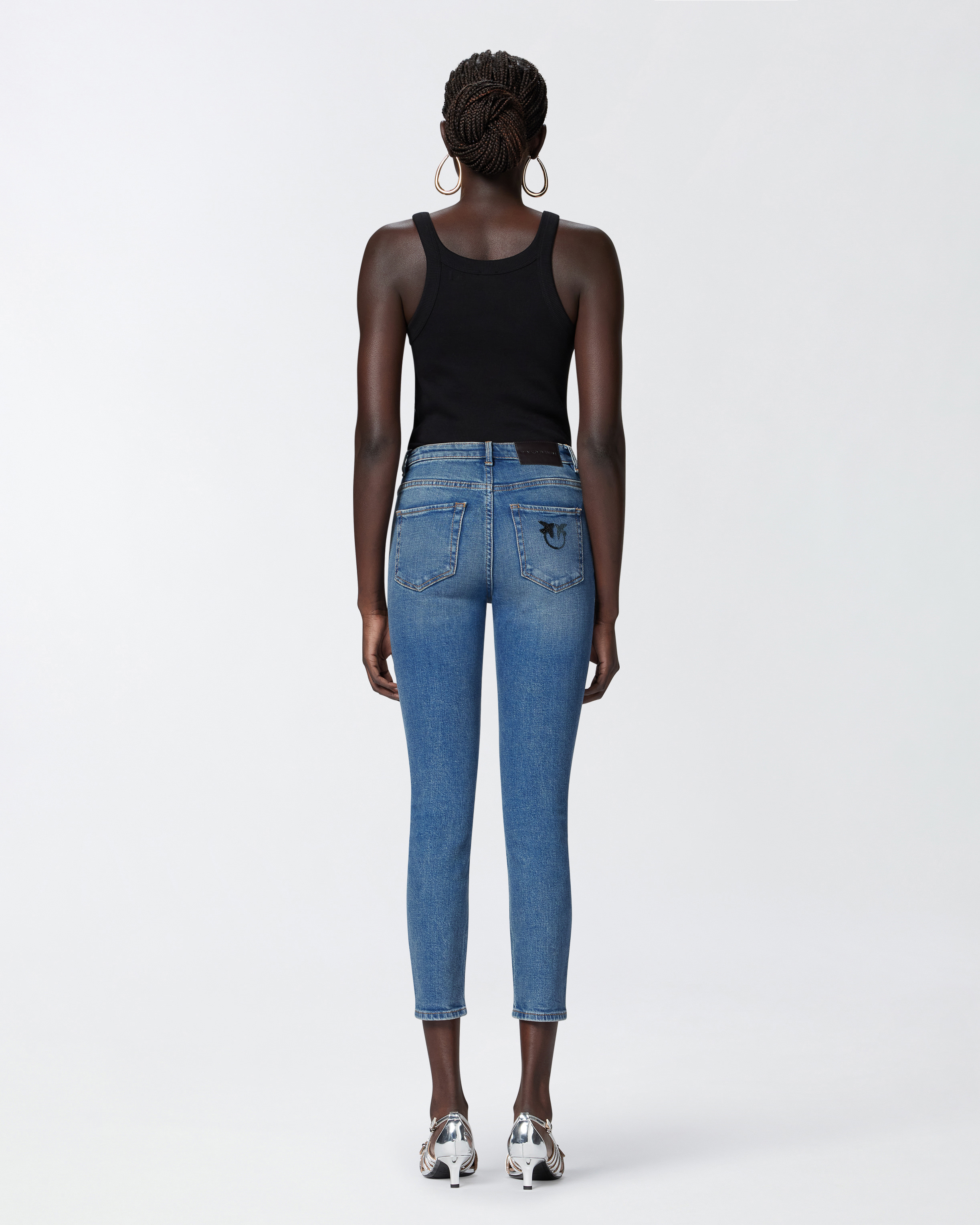 Pinko Skinny Ankle-length Jeans With Rhinestone Embroidery In Lavaggio Medio