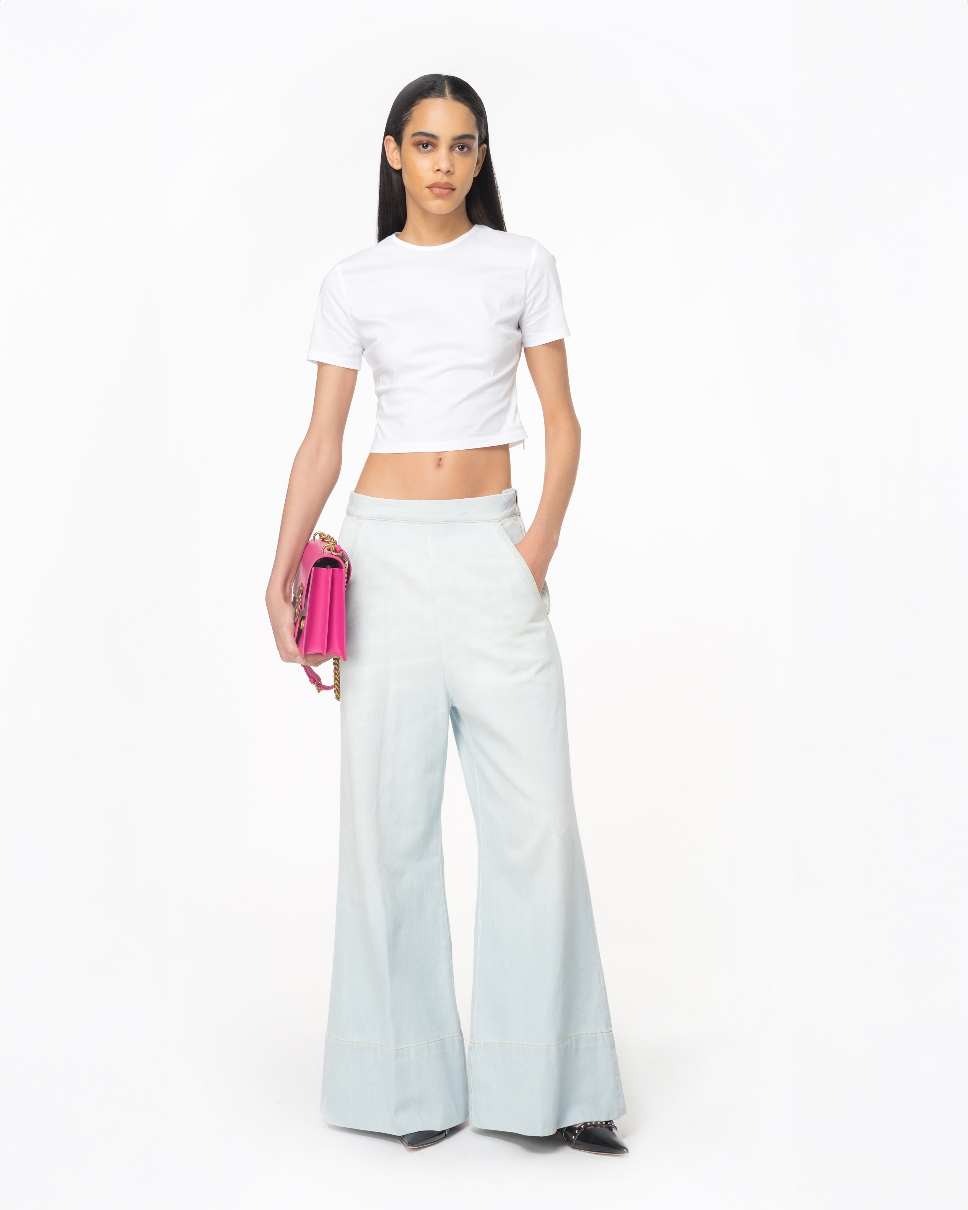 Shop Pinko Pantaloni Wide-leg Denim Baby Blue In Délavage Clair