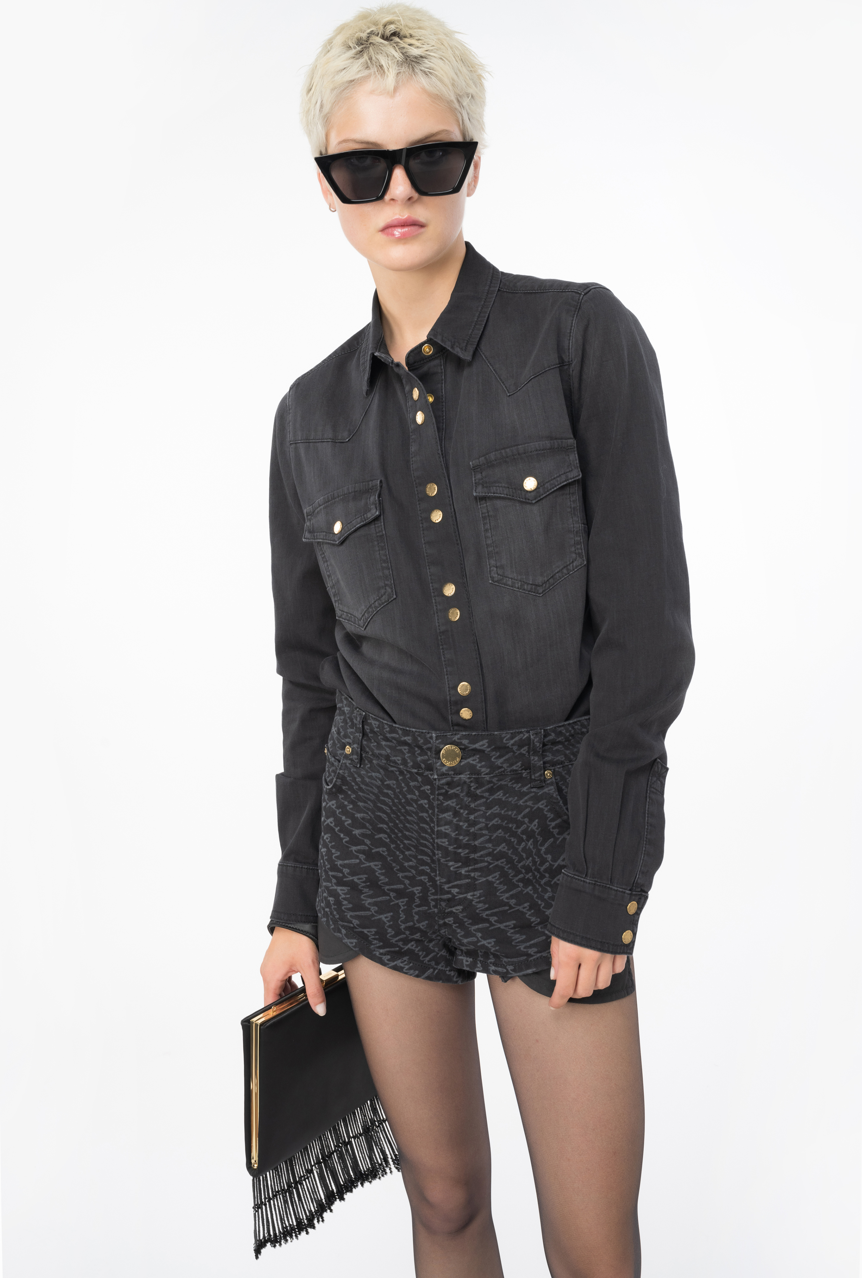 Shop Pinko Camicia In Denim Twill Leggero Black In Limo Black