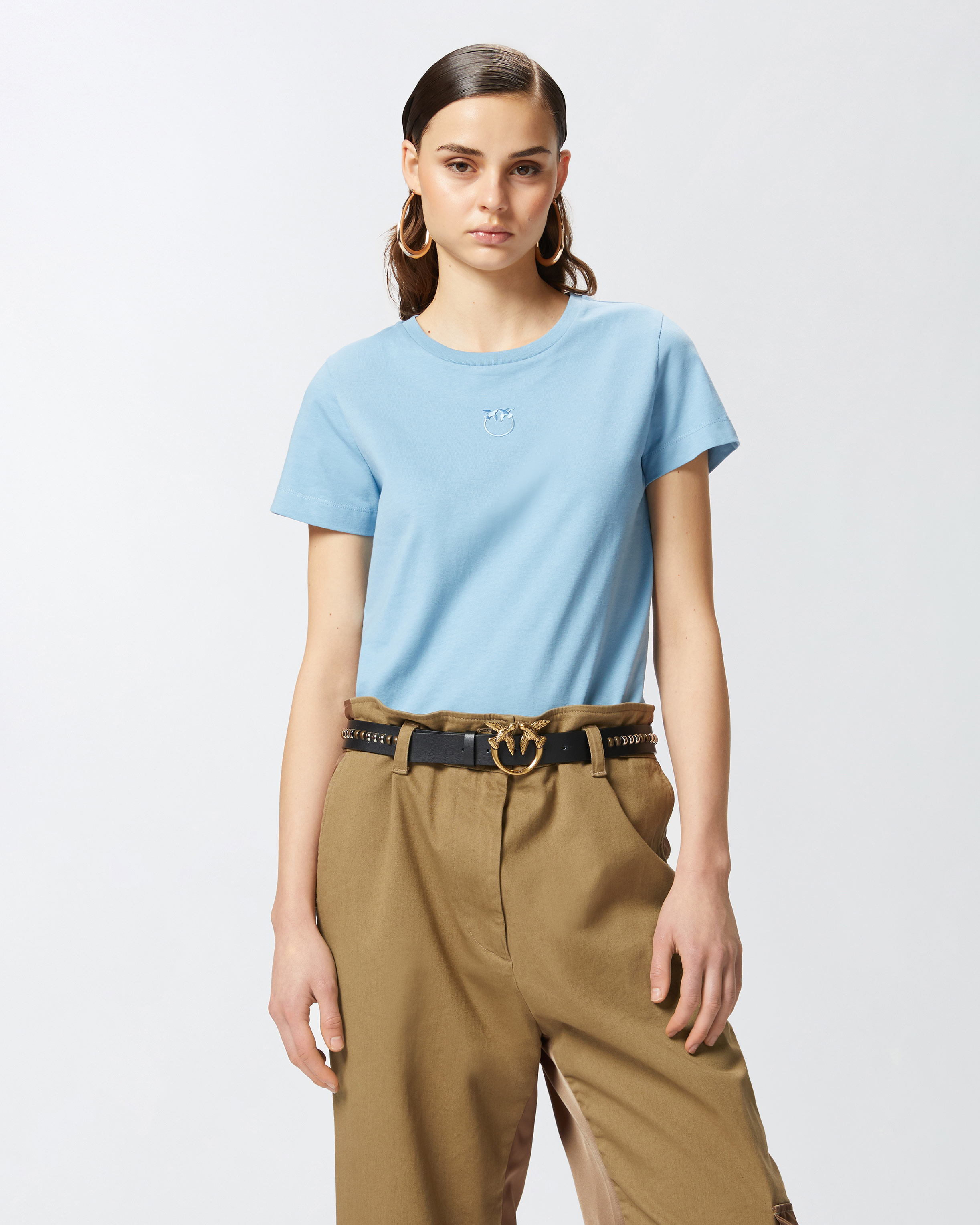 PINKO SHIRT CHIETI ウーマンホワイトライトブルー Pinko women's cotton T-shirt with embroidered logo