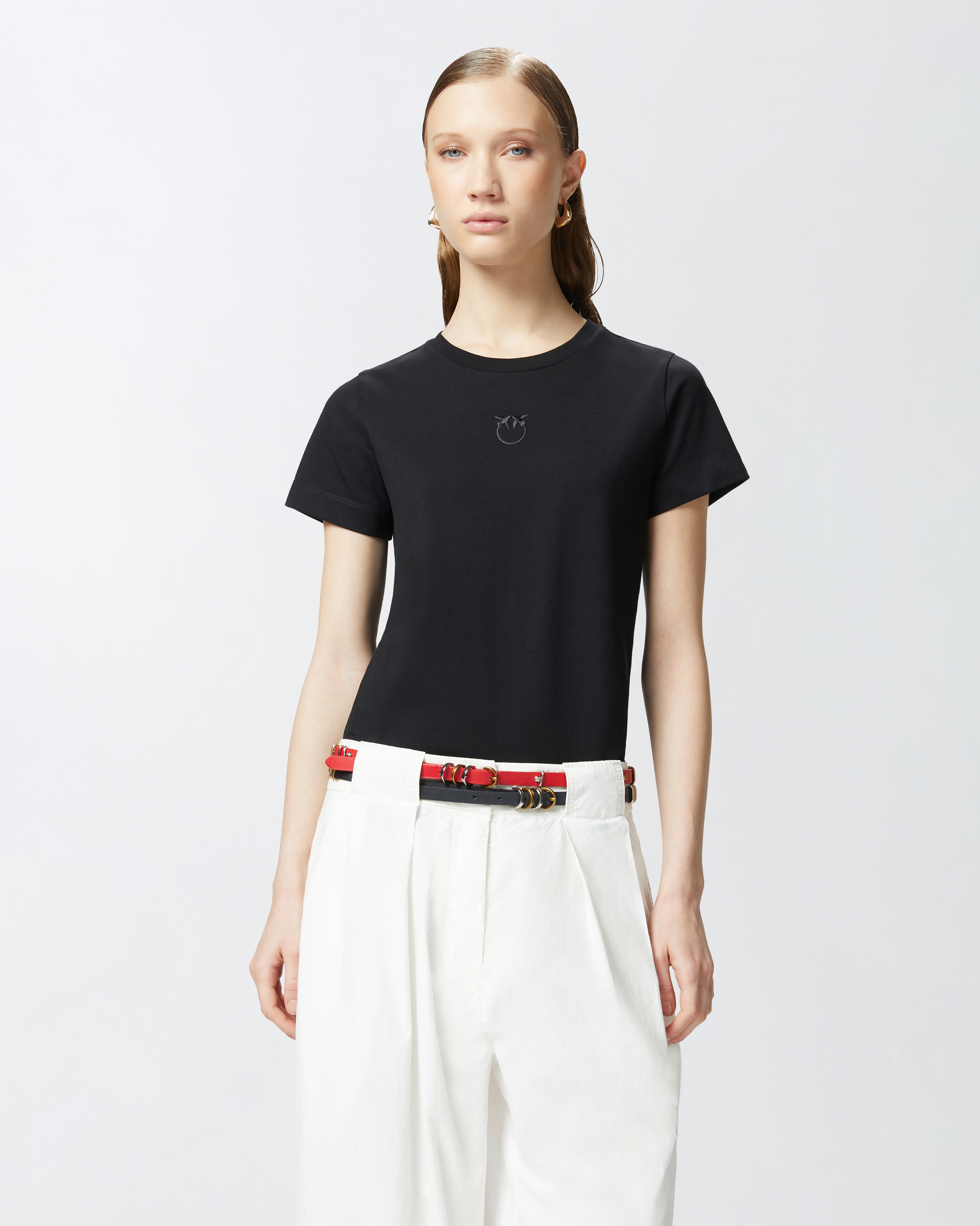 T-shirt z krótkim rękawem i haftowanym logo Pinko -> Kup