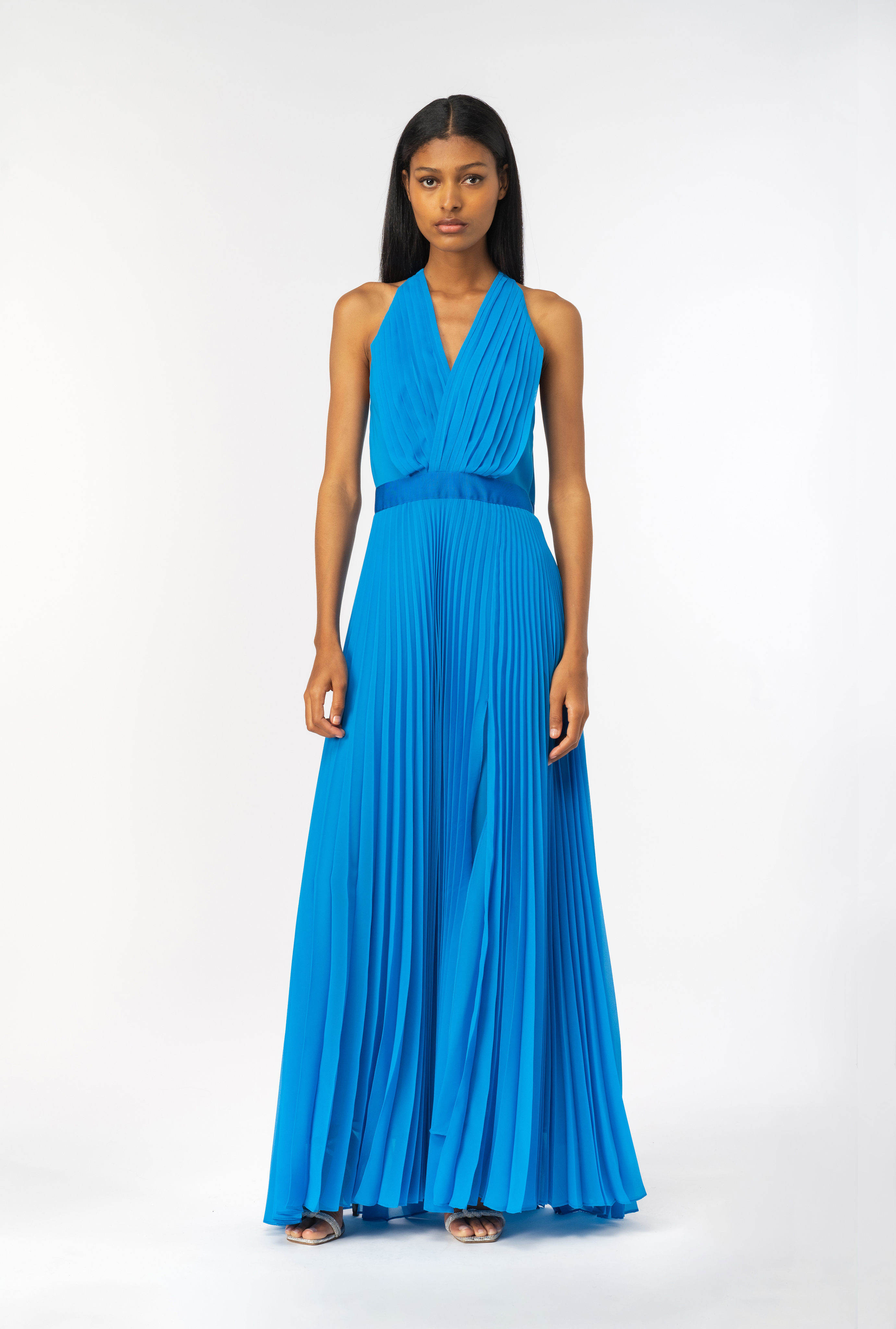 Long pleated chiffon dress - Blue - large | Pinko 