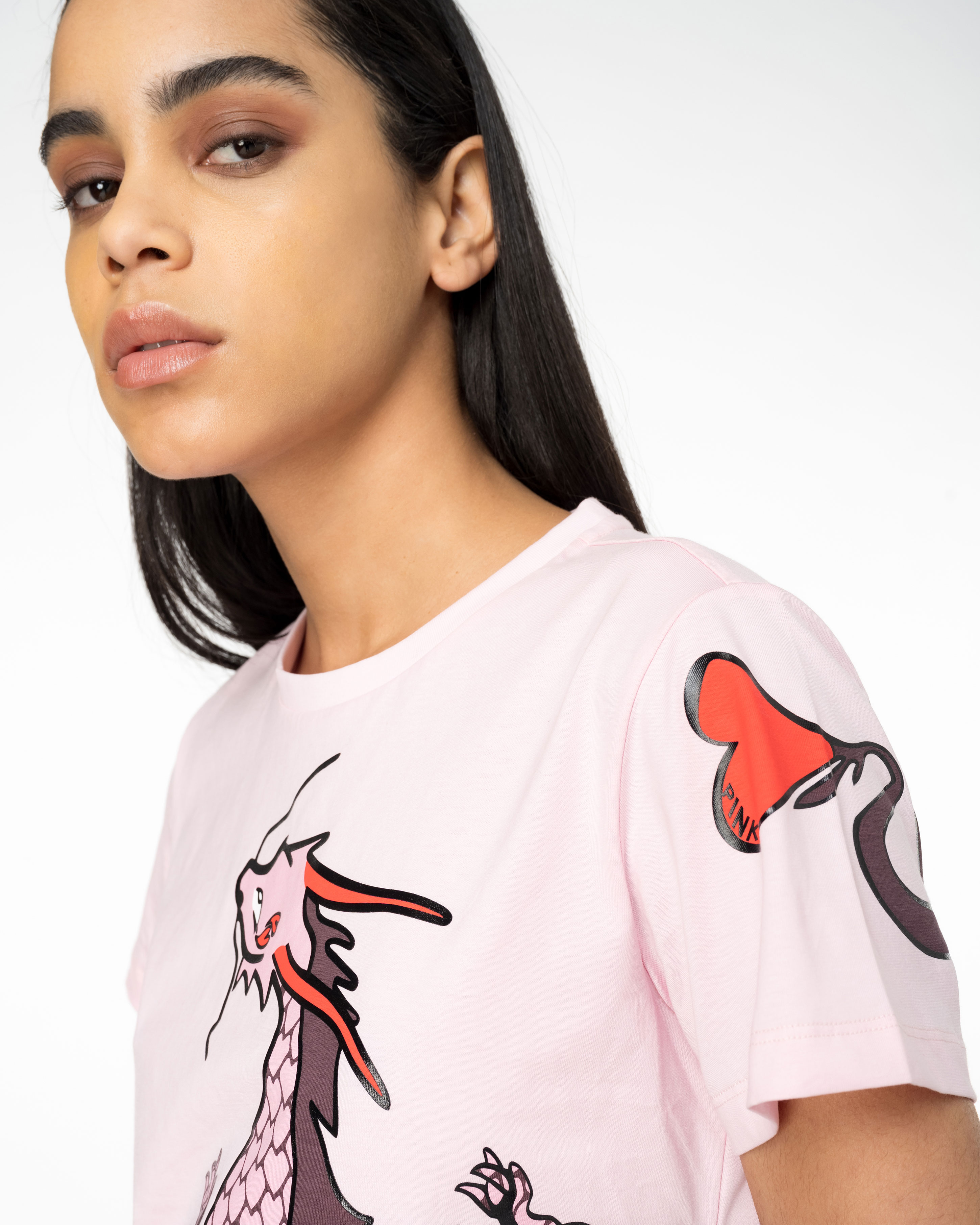 Shop Pinko T-shirt With Dragon Print And Embroidery In Rose Pâle/lilas