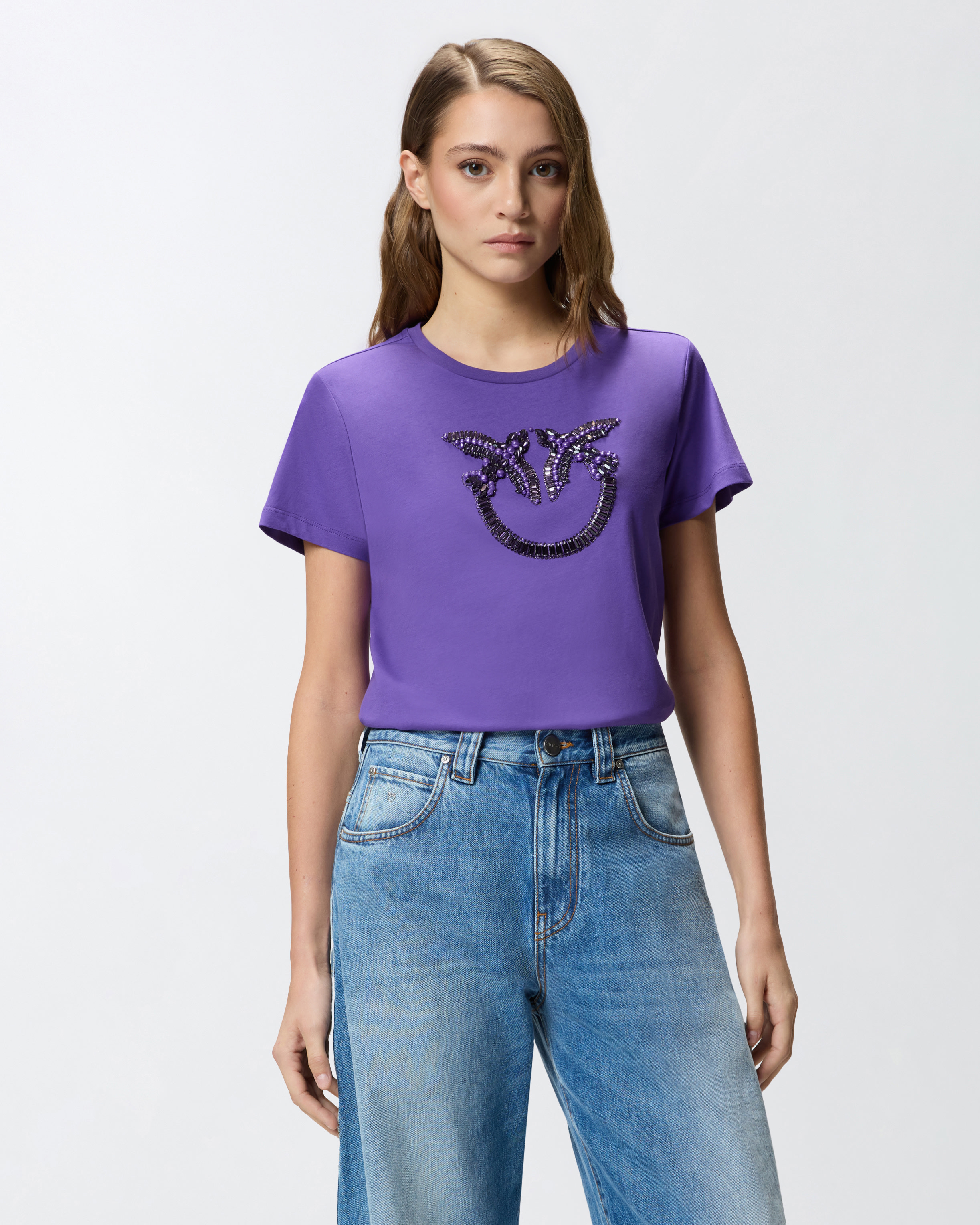 T-shirt with decorated Love Birds logo - Purple - large | Pinko 