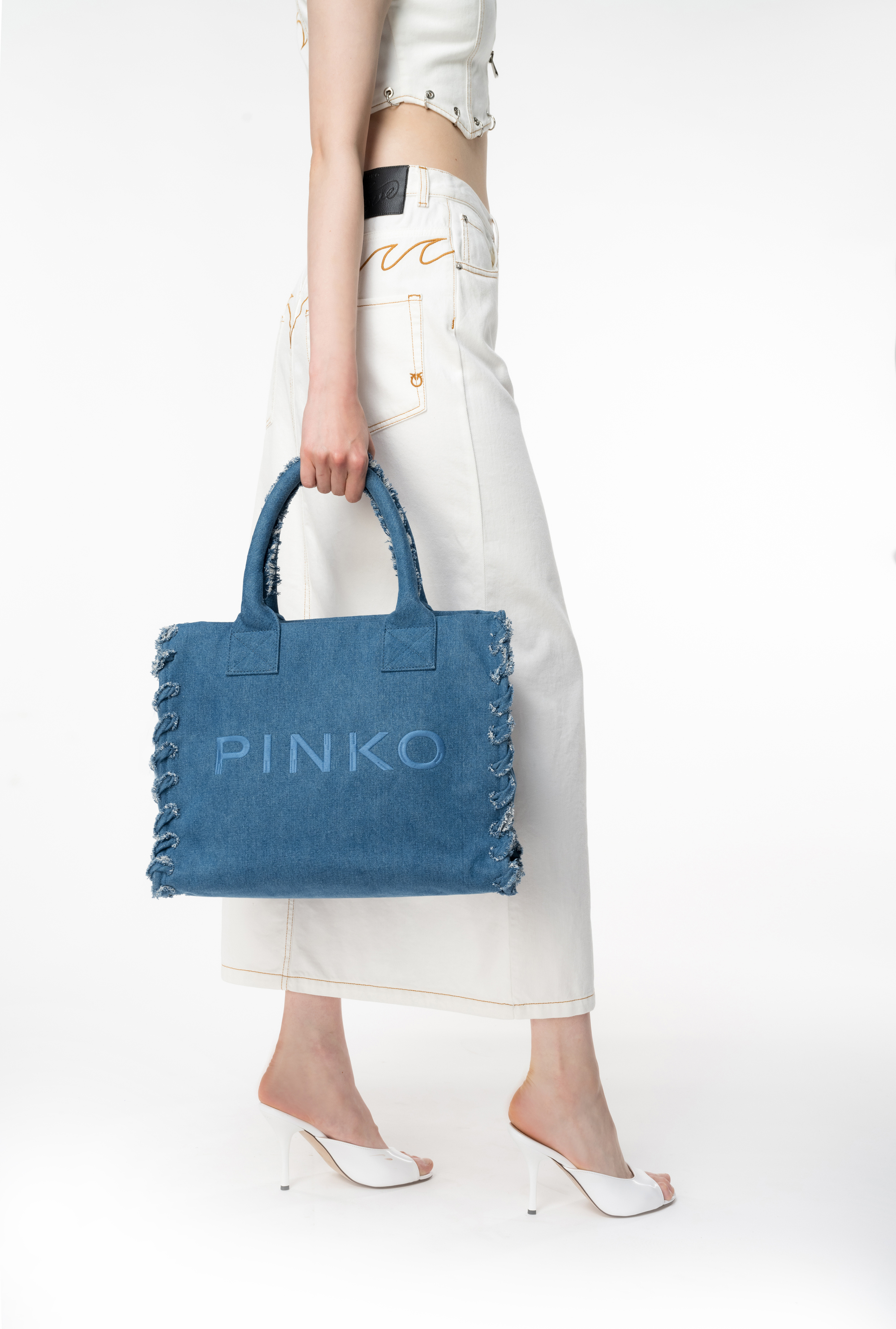 Shop Pinko Beach Shopper In Denim Riciclato In Denim Blu-antique Gold