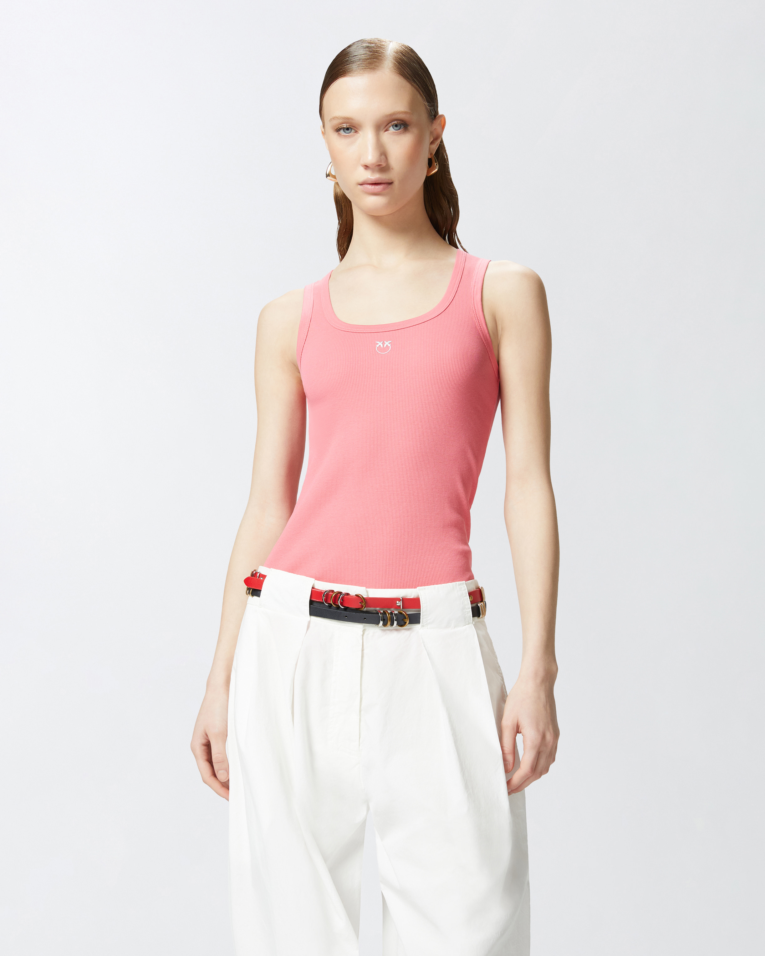 Pinko Ribbed Tank Top With Bird Logo In Sunny Coral