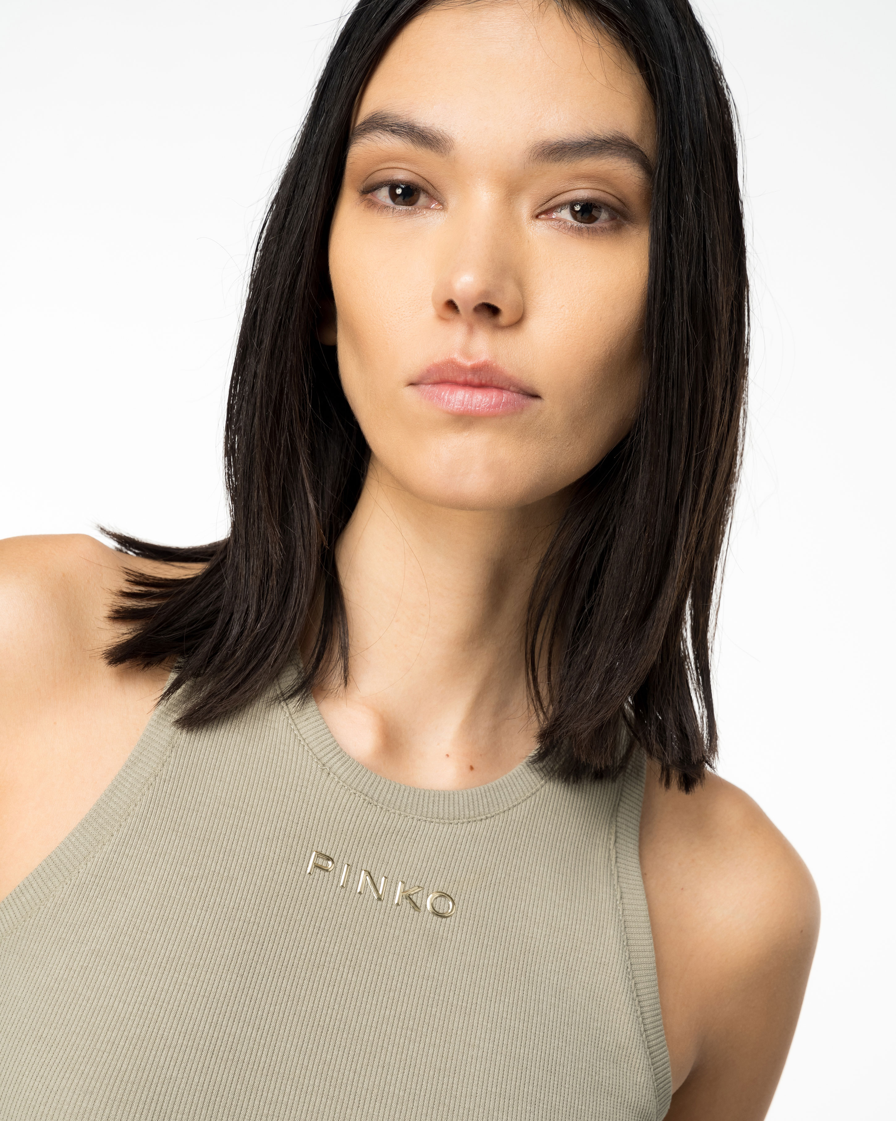 Shop Pinko Ribbed Top With Logo In Vertiver Green