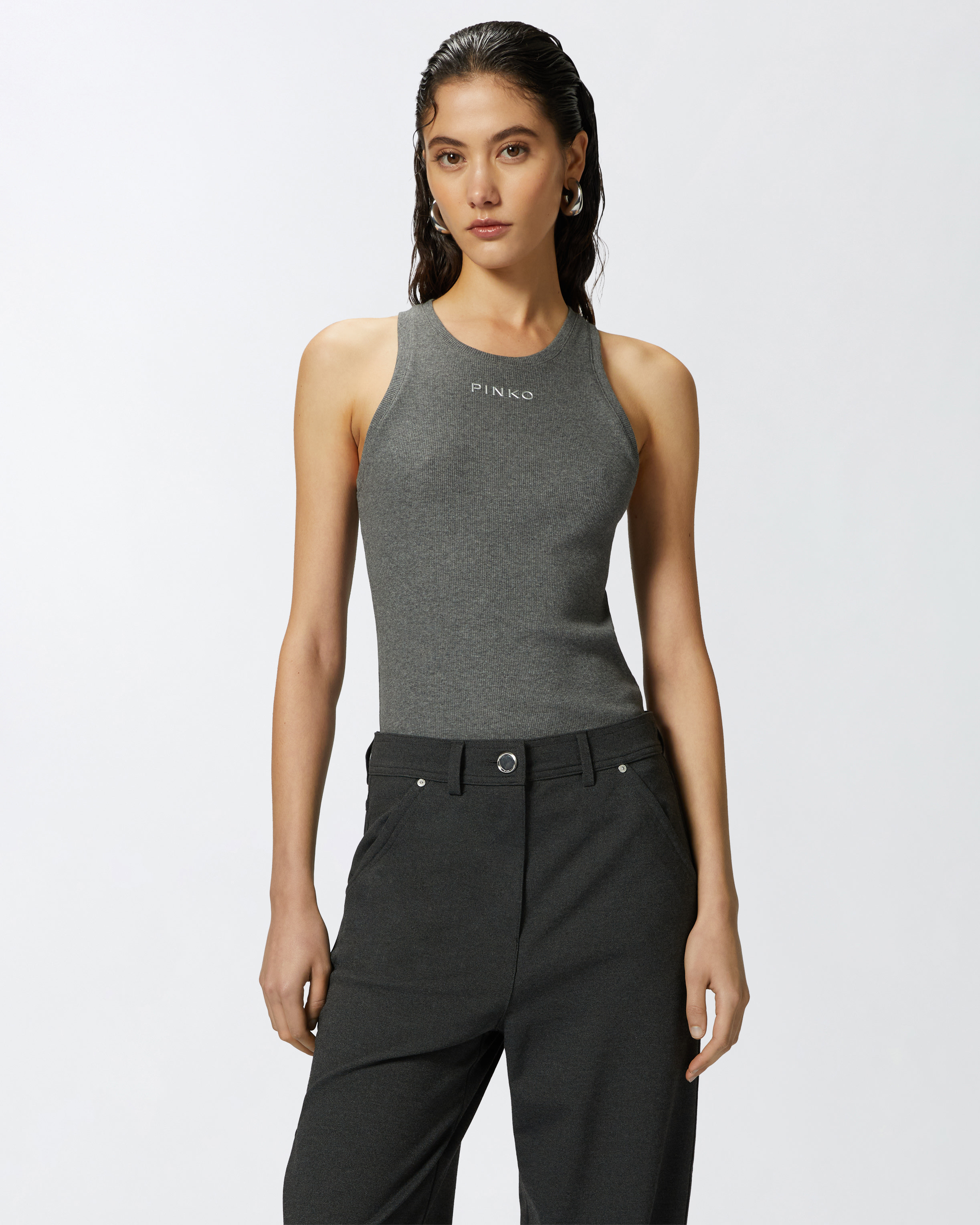 Pinko Ribbed Camisole Top With Logo In Gris Corbeau