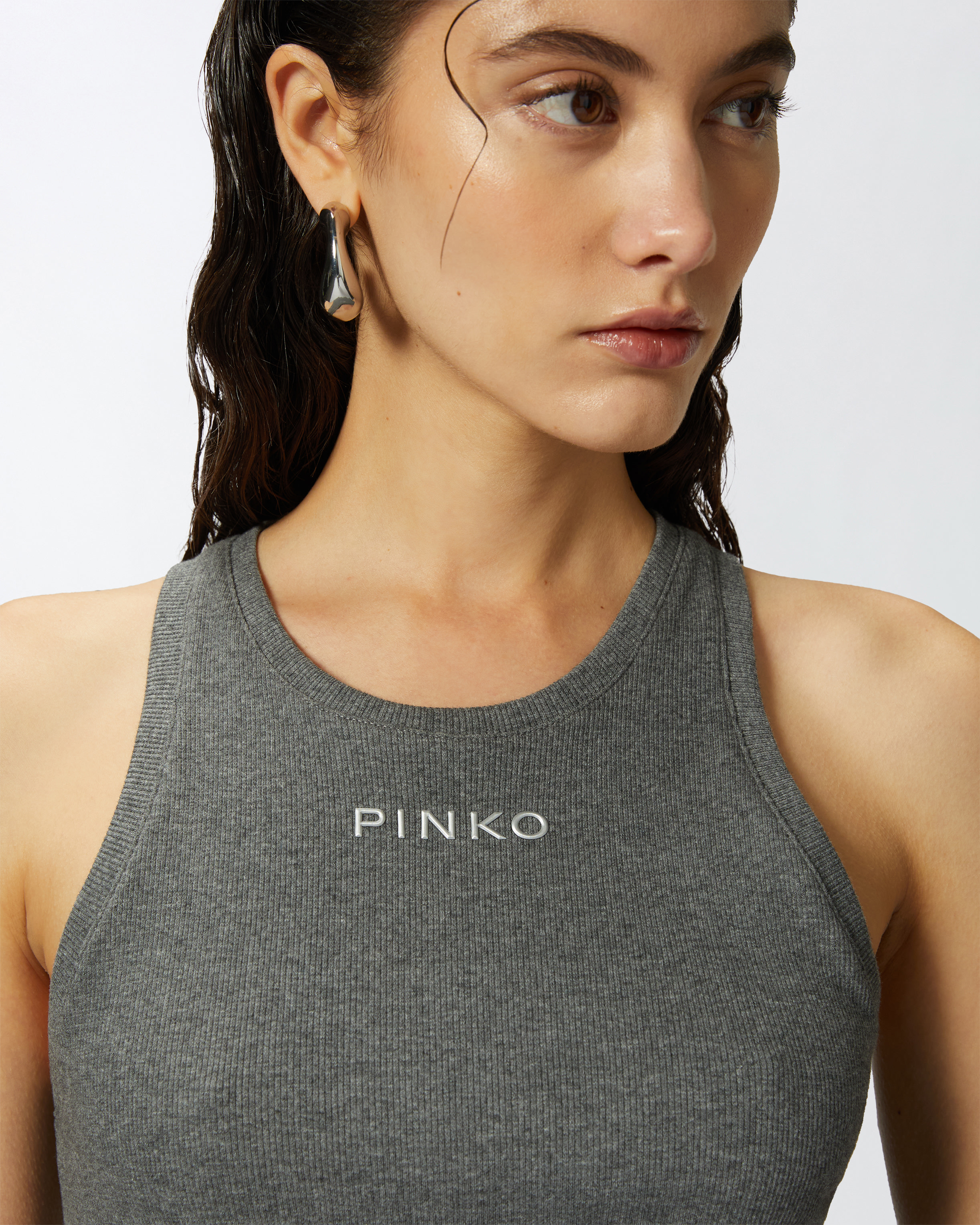 Pinko Ribbed Camisole Top With Logo In Gris Corbeau