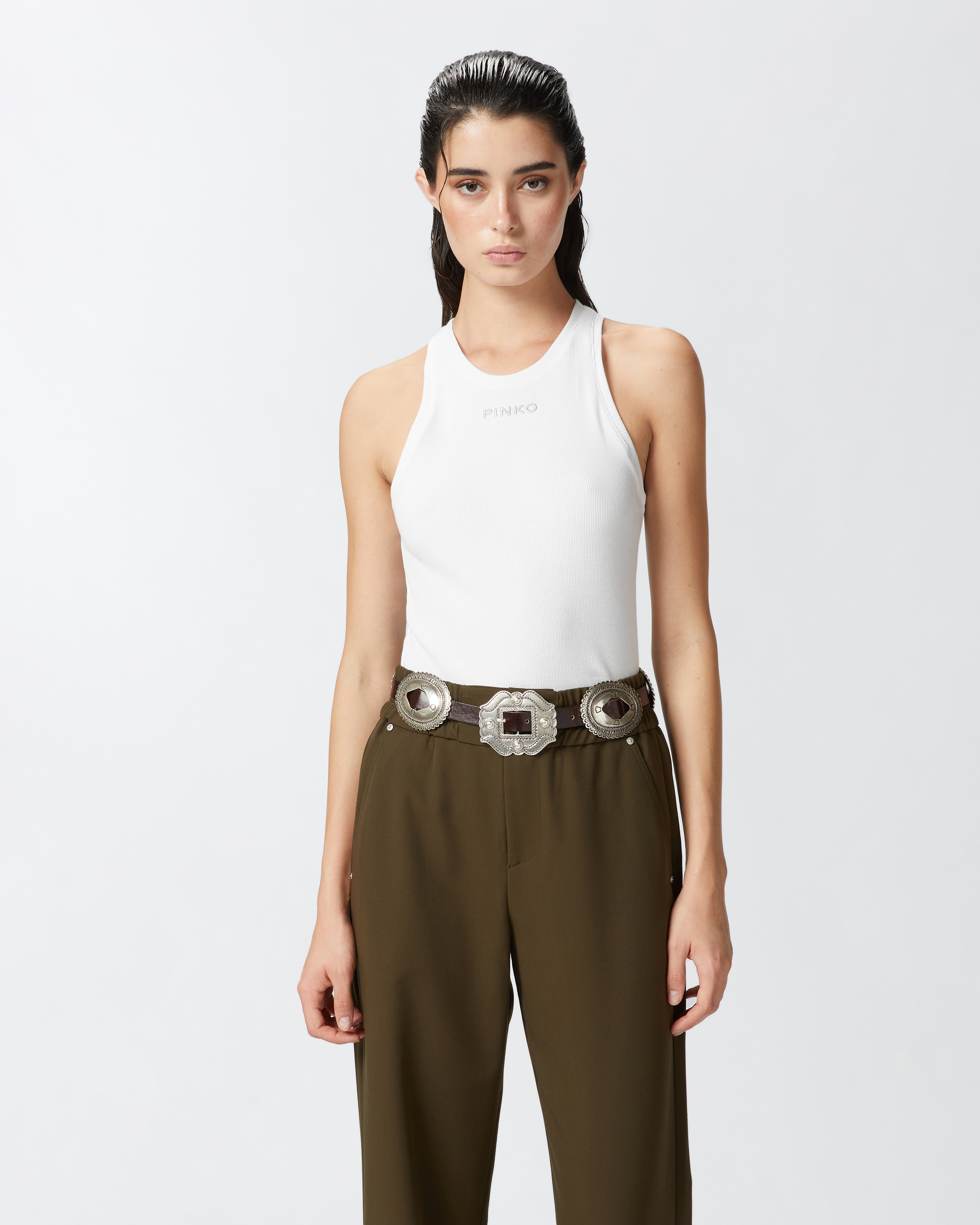 Pinko Ribbed Camisole Top With Logo In Blanc Brill.