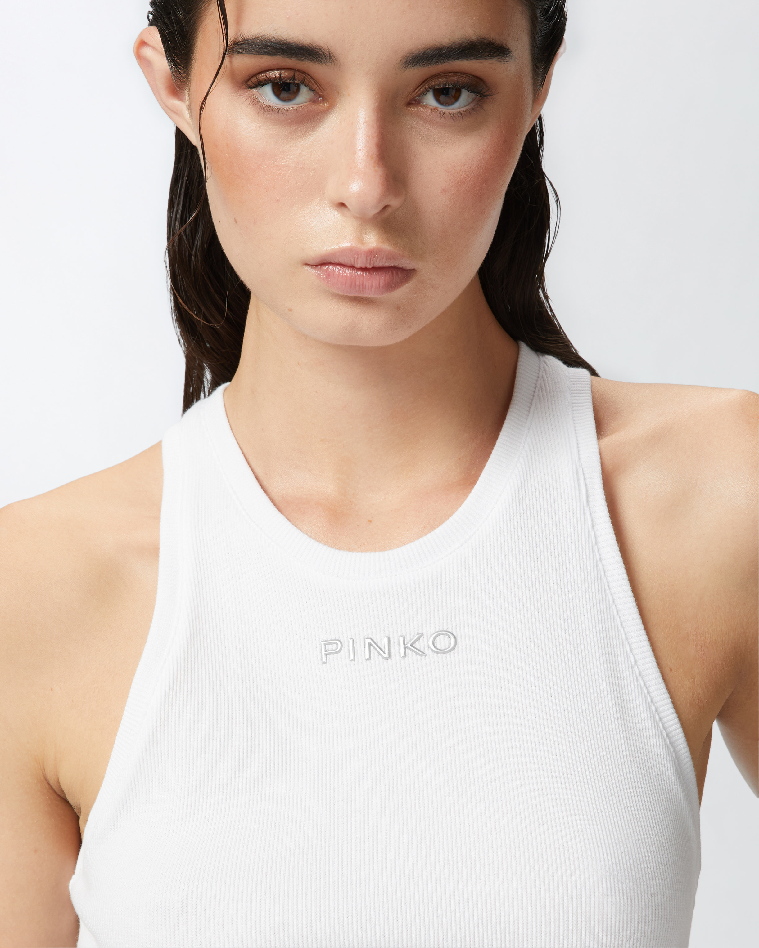 Pinko Ribbed Camisole Top With Logo In Blanc Brill.