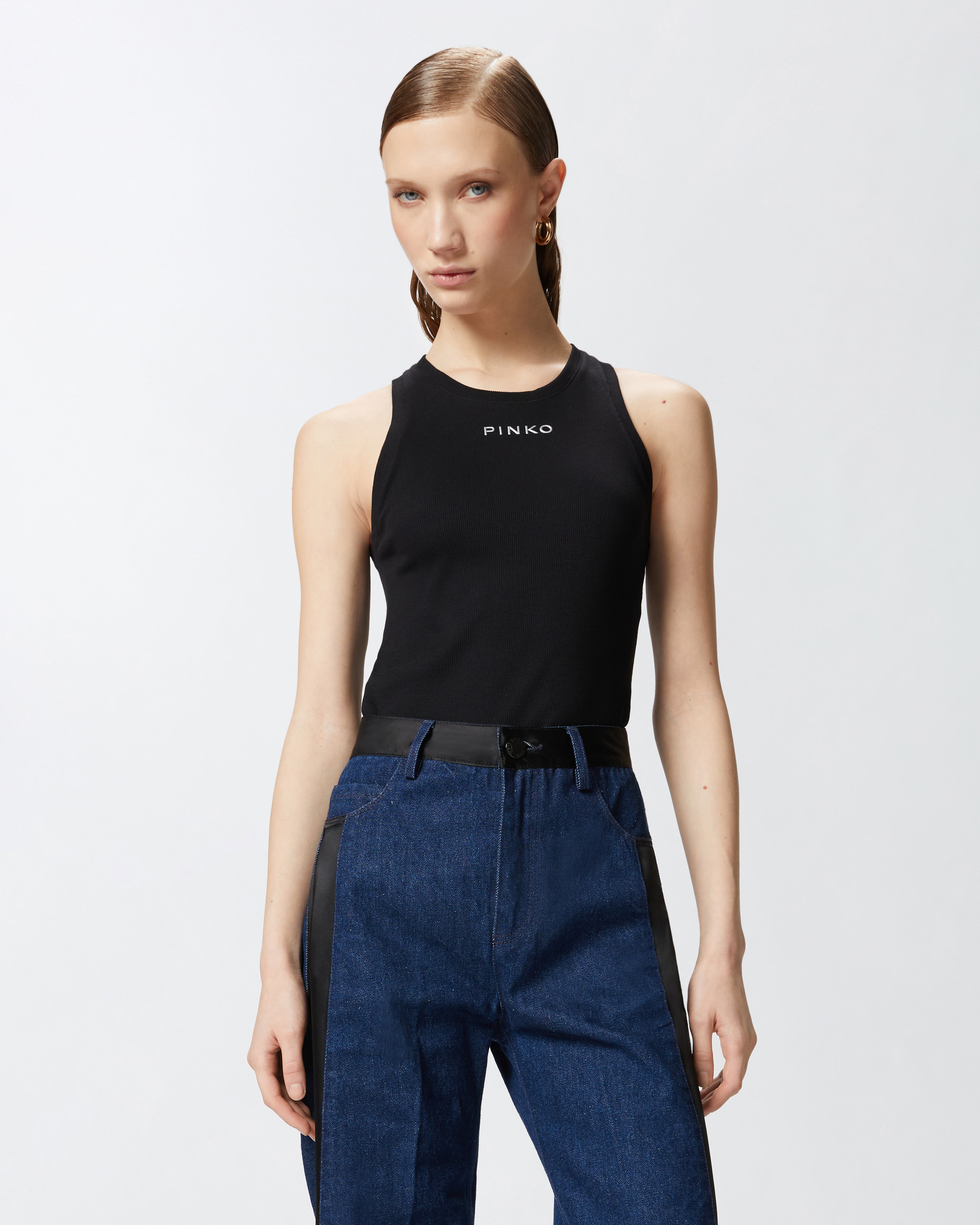 Pinko Crewneck Logo Ribbed Sleeveless Top In Limo Black