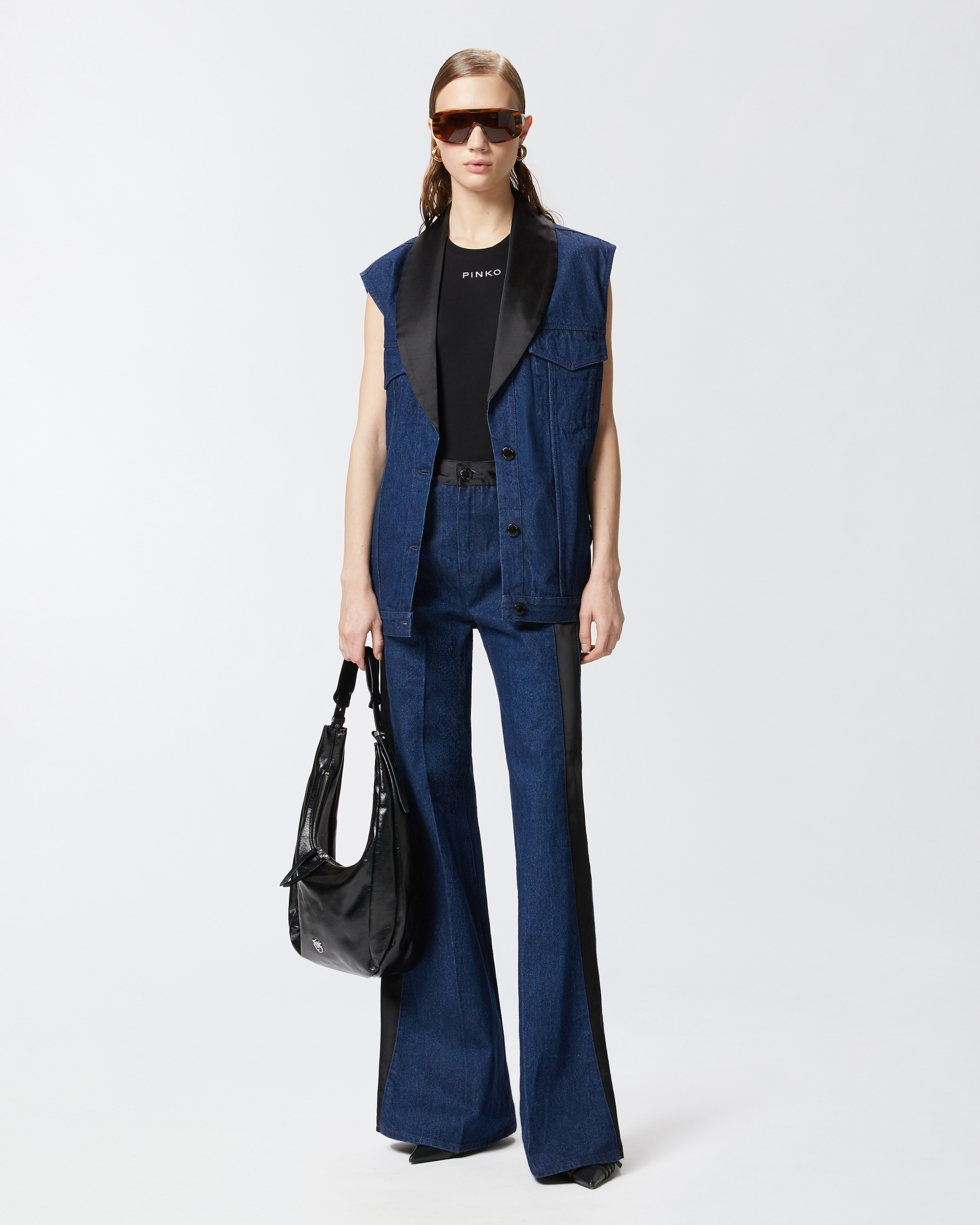 Pinko Crewneck Logo Ribbed Sleeveless Top In Limo Black