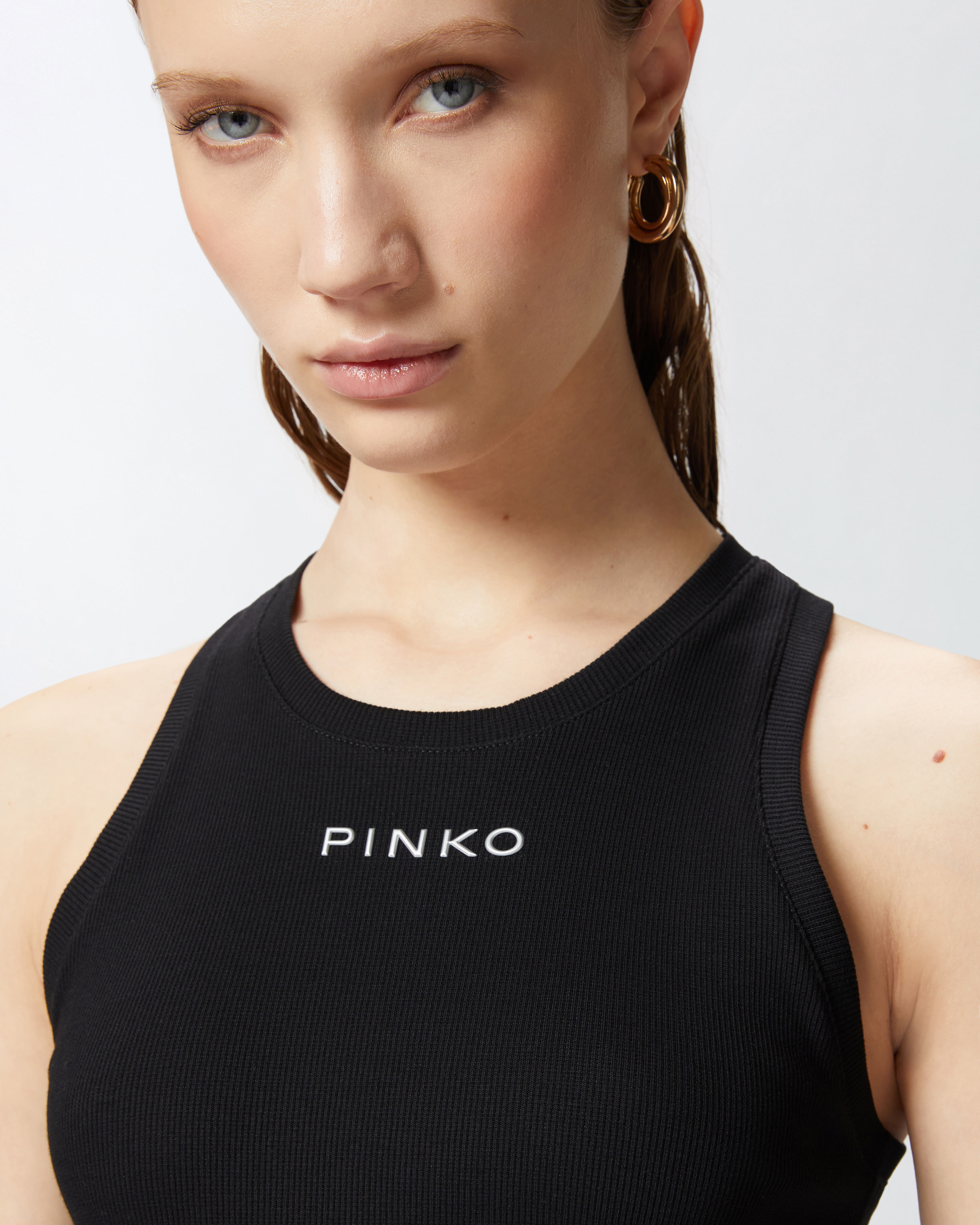 Pinko Crewneck Logo Ribbed Sleeveless Top In Limo Black