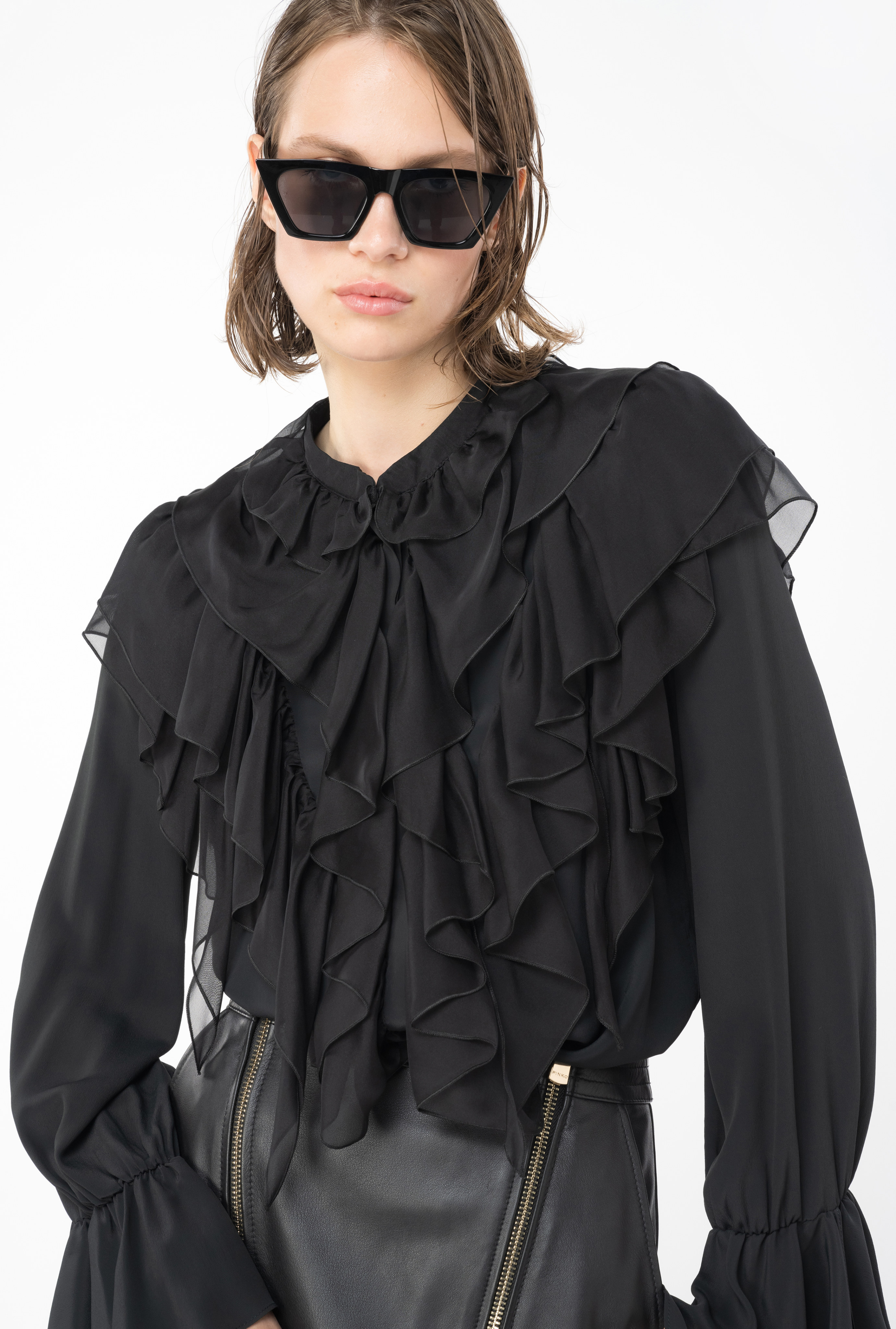 Shop Pinko Ruffled Shirt In Limo Black