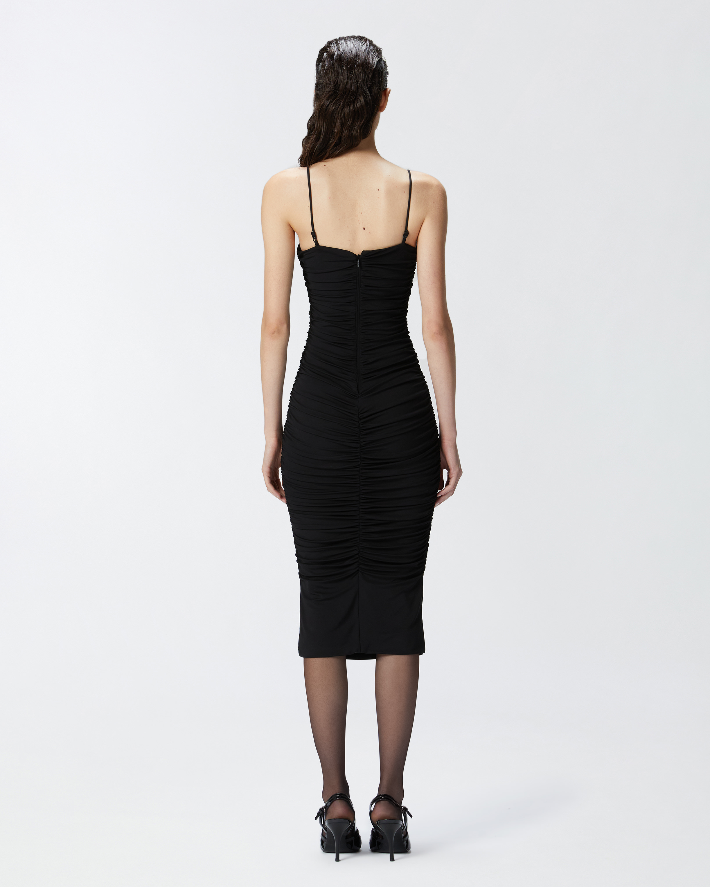 Pinko Forza Sleeveless Gathered Midi Crepe Dress In Limo Black